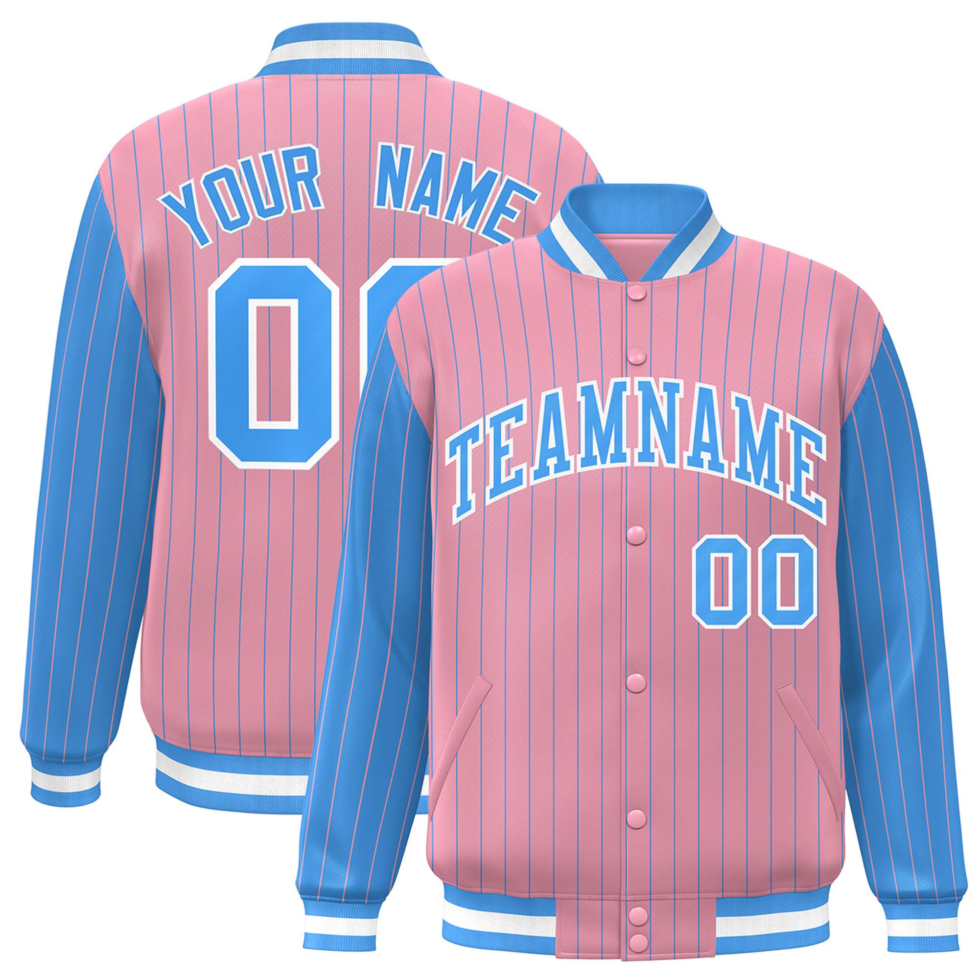 Custom Light-Pink Powder-Blue Pinstripe White Powder-Blue Bomber Full-Snap Varsity Letterman Jacket