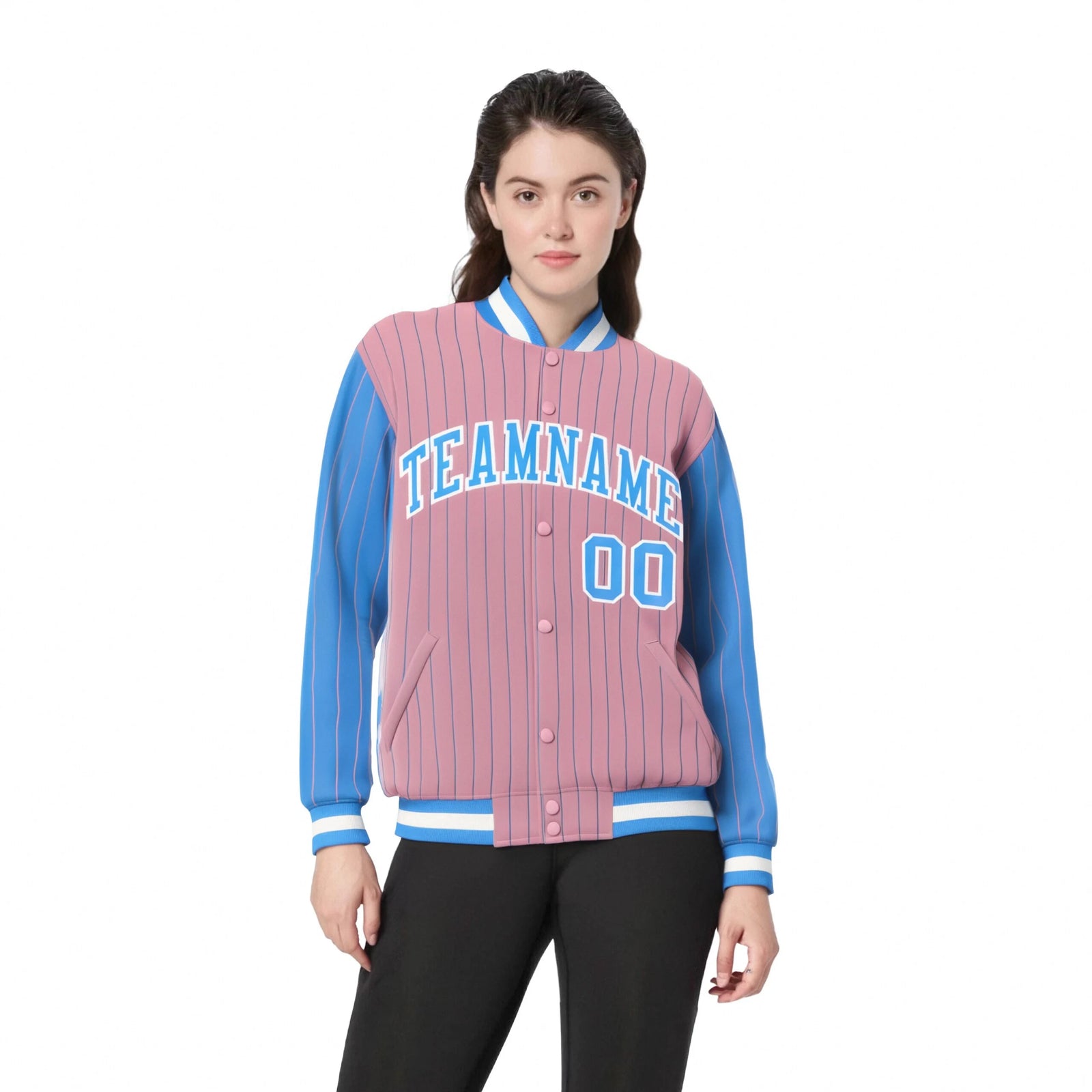 Custom Light-Pink Powder-Blue Pinstripe White Powder-Blue Bomber Full-Snap Varsity Letterman Jacket