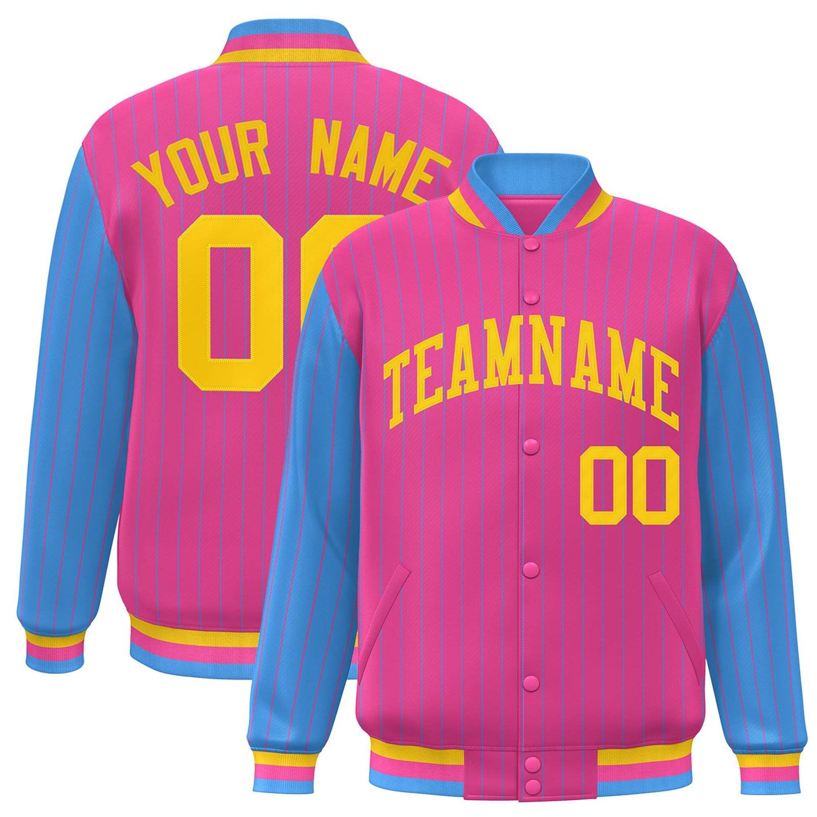 Custom Pink Powder-Blue Pinstripe Gold Bomber Full-Snap Varsity Letterman Jacket