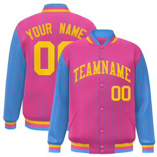 Chaqueta universitaria personalizada con diseño de letras, de raya diplomática, color rosa y azul claro, con cierre de broche completo - Estilo 1