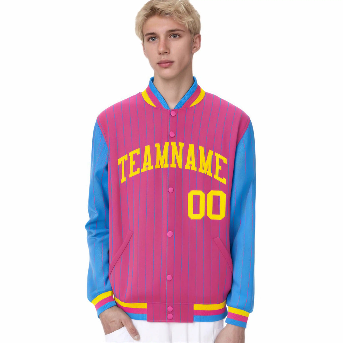 Custom Pink Powder-Blue Pinstripe Gold Bomber Full-Snap Varsity Letterman Jacket