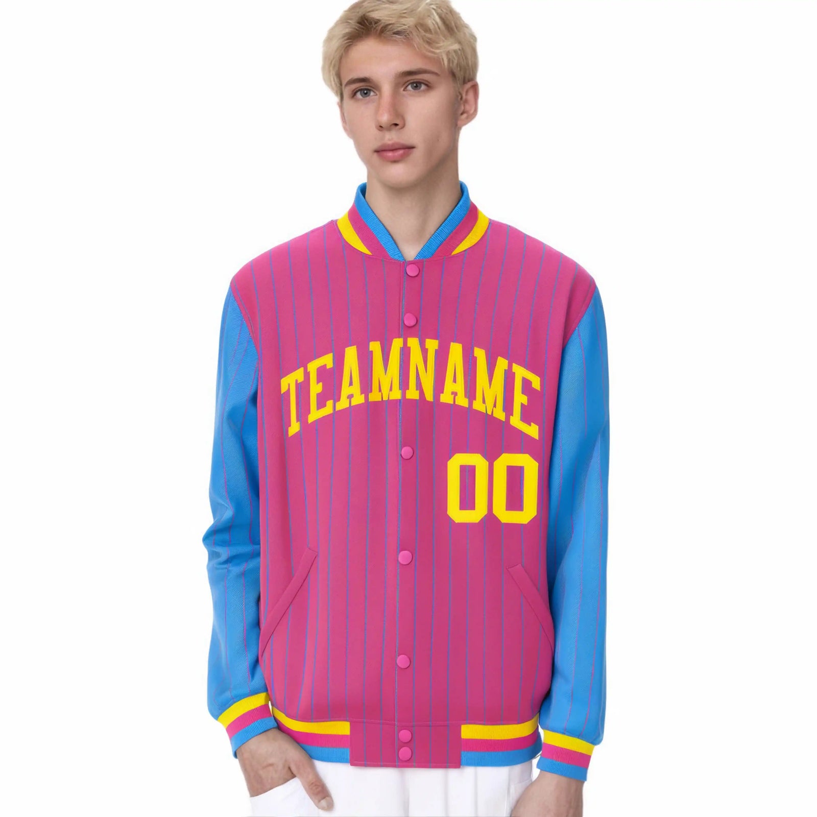 Custom Pink Powder-Blue Pinstripe Gold Bomber Full-Snap Varsity Letterman Jacket