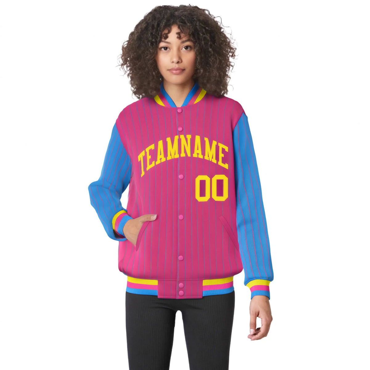 Custom Pink Powder-Blue Pinstripe Gold Bomber Full-Snap Varsity Letterman Jacket