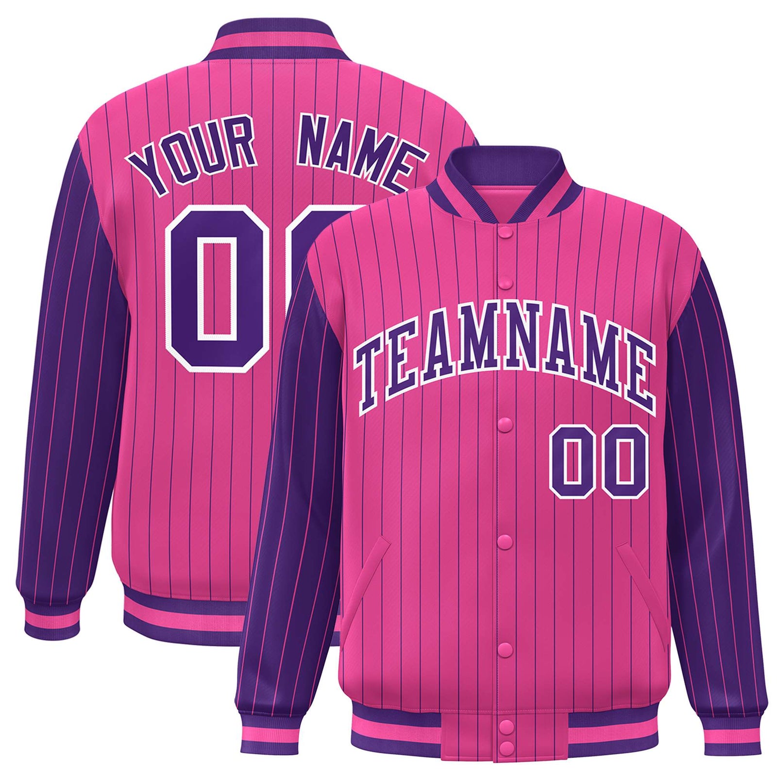 Custom Pink Purple Pinstripe White-Purple Bomber Full-Snap Varsity Letterman Jacket