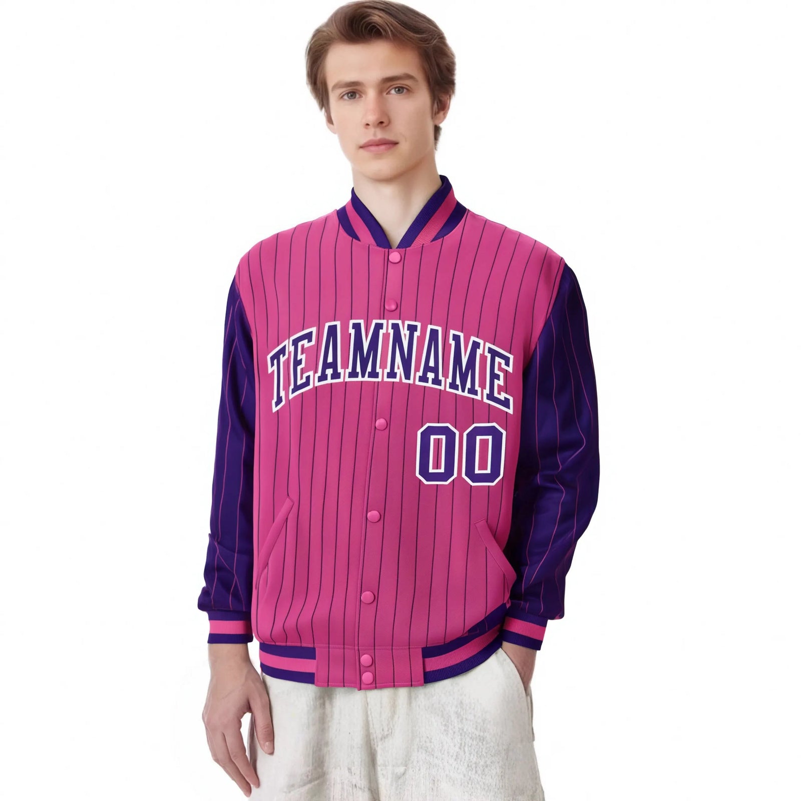 Custom Pink Purple Pinstripe White-Purple Bomber Full-Snap Varsity Letterman Jacket