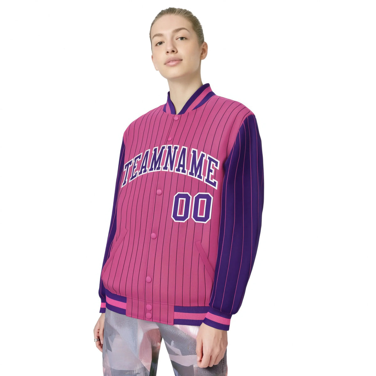 Custom Pink Purple Pinstripe White-Purple Bomber Full-Snap Varsity Letterman Jacket