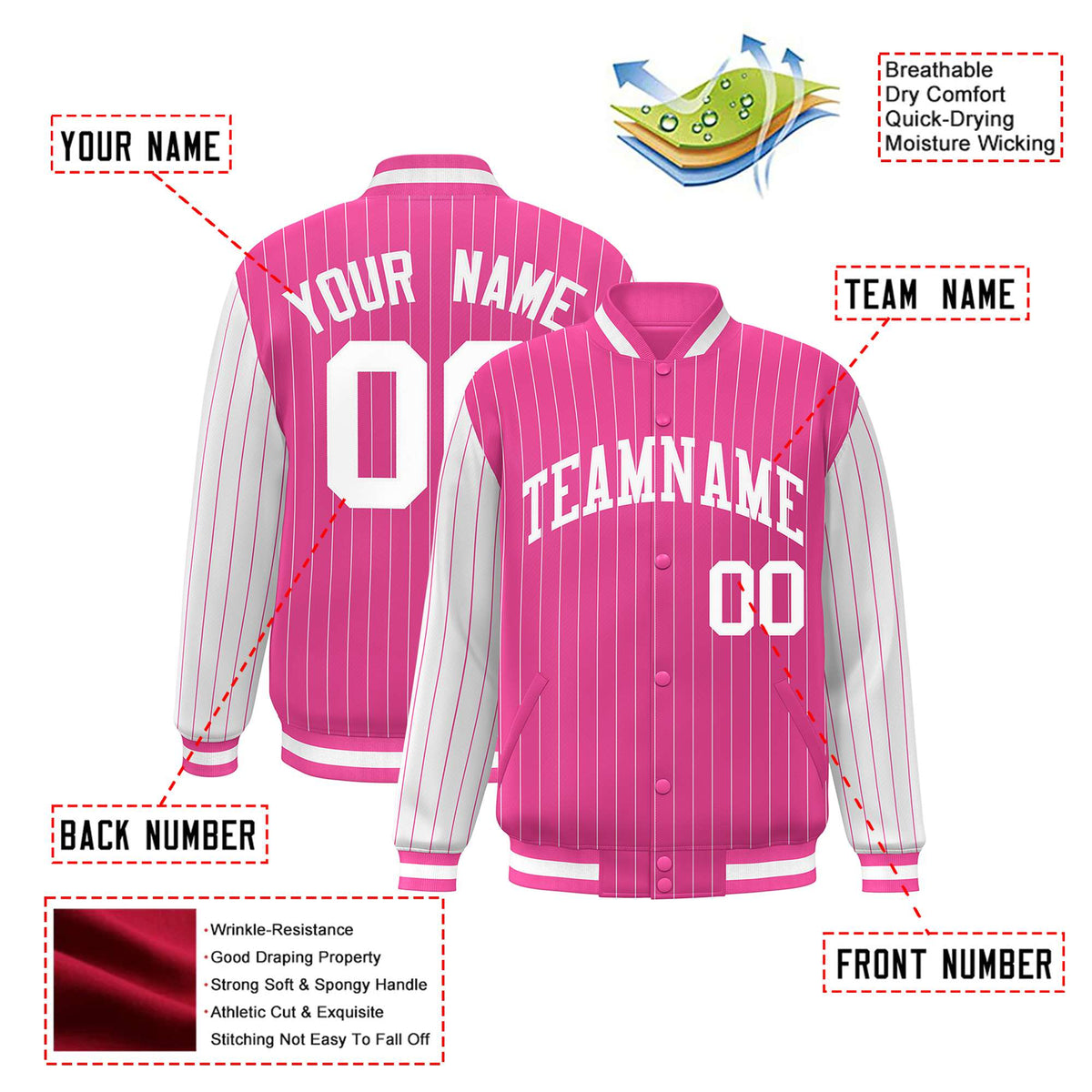 Custom Pink White Pinstripe White Bomber Full-Snap Varsity Letterman Jacket