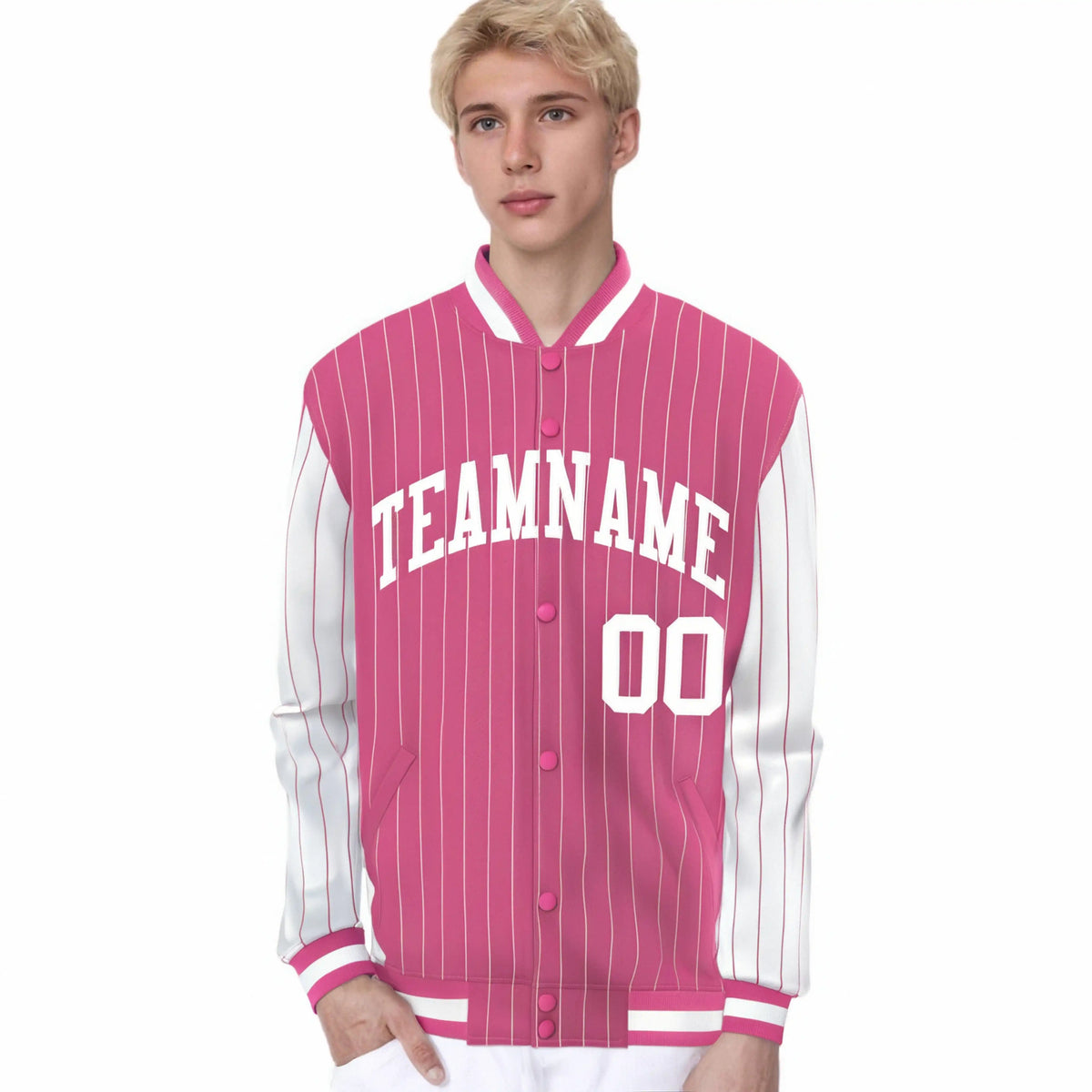 Custom Pink White Pinstripe White Bomber Full-Snap Varsity Letterman Jacket