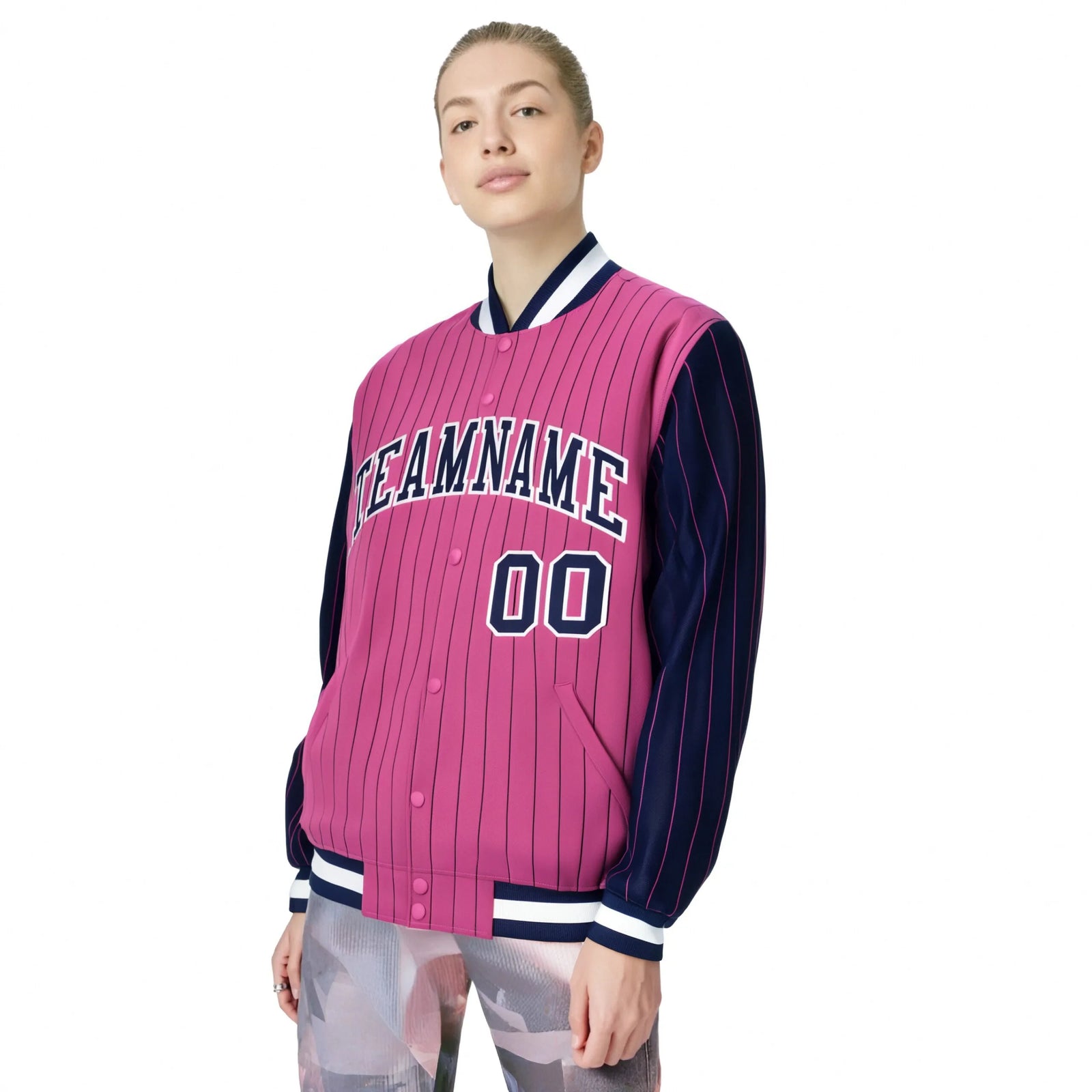 Custom Pink Navy Pinstripe White-Navy Bomber Full-Snap Varsity Letterman Jacket