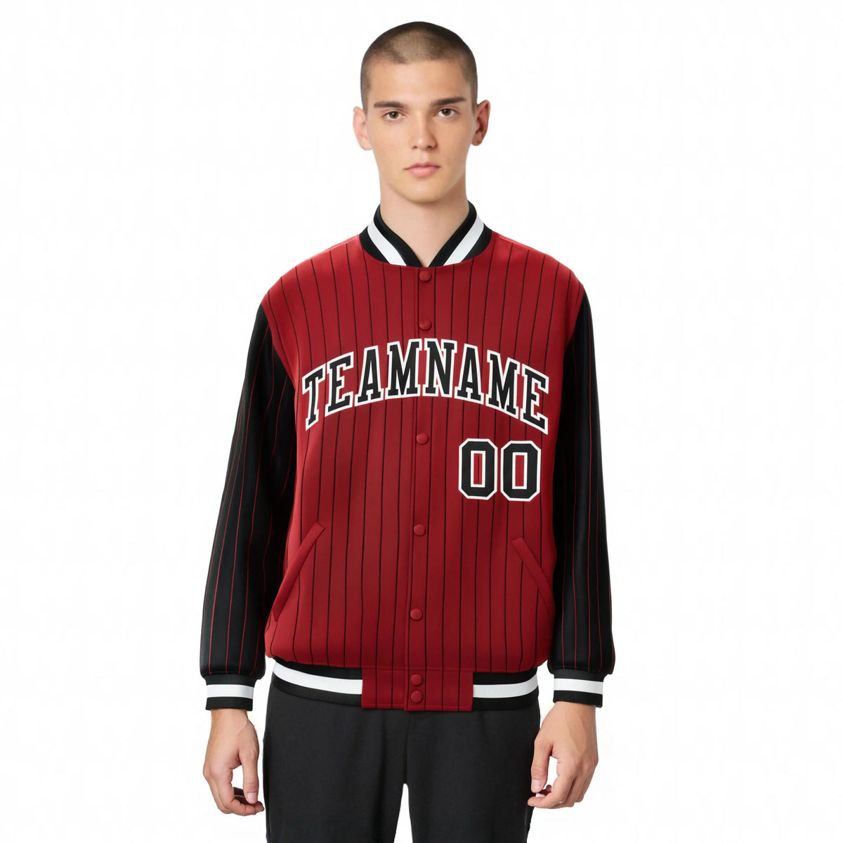 Custom Red Black Pinstripe White-Black Bomber Full-Snap Varsity Letterman Jacket