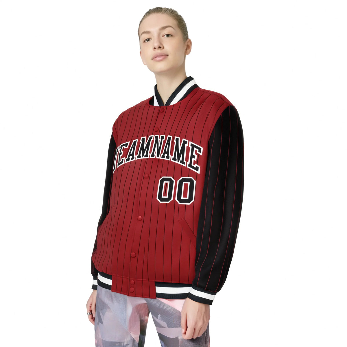 Custom Red Black Pinstripe White-Black Bomber Full-Snap Varsity Letterman Jacket