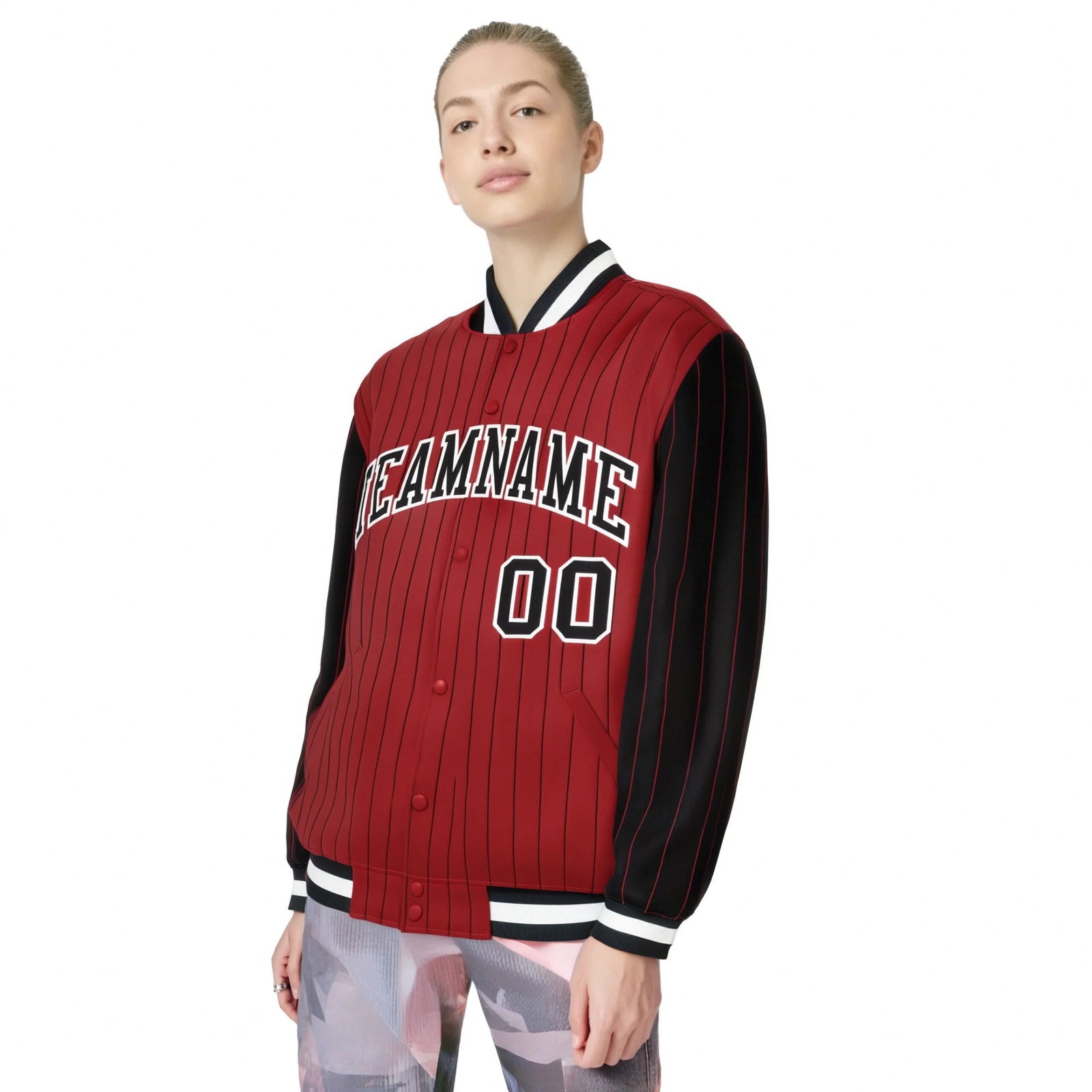 Custom Red Black Pinstripe White-Black Bomber Full-Snap Varsity Letterman Jacket