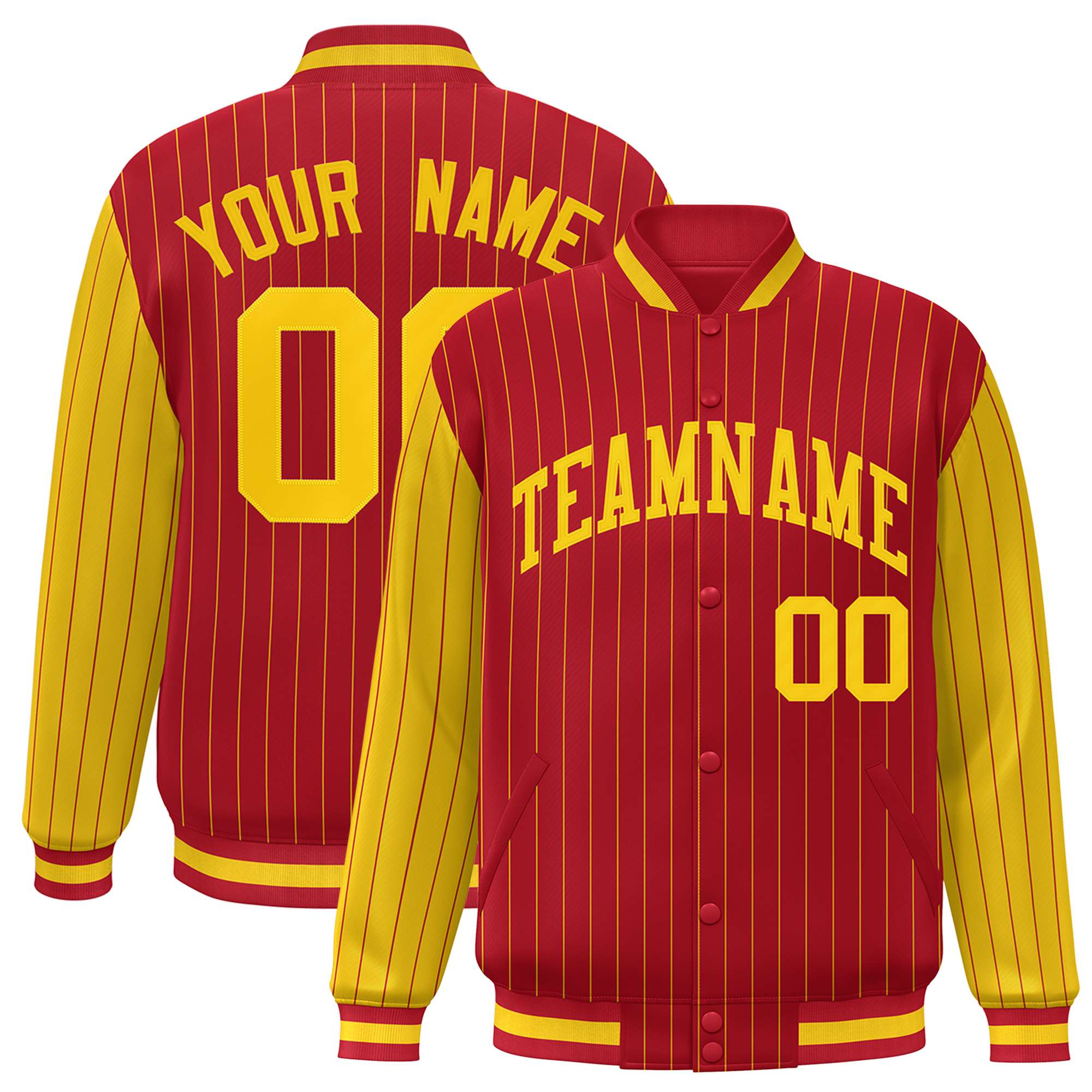 Custom Red Gold Pinstripe Gold Bomber Full-Snap Varsity Letterman Jacket