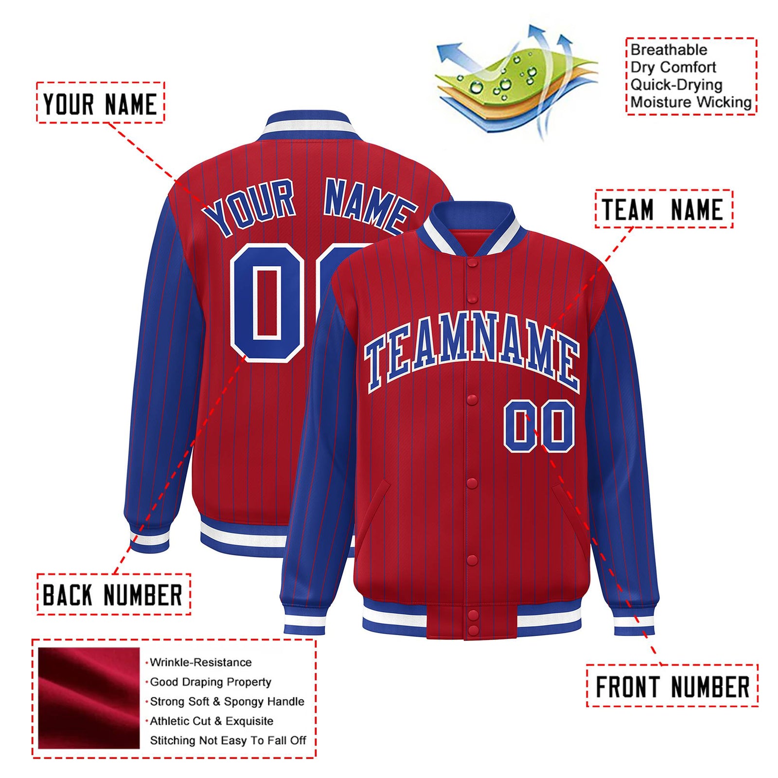 Custom Red Royal-Blue Pinstripe White Royal-Blue Bomber Full-Snap Varsity Letterman Jacket