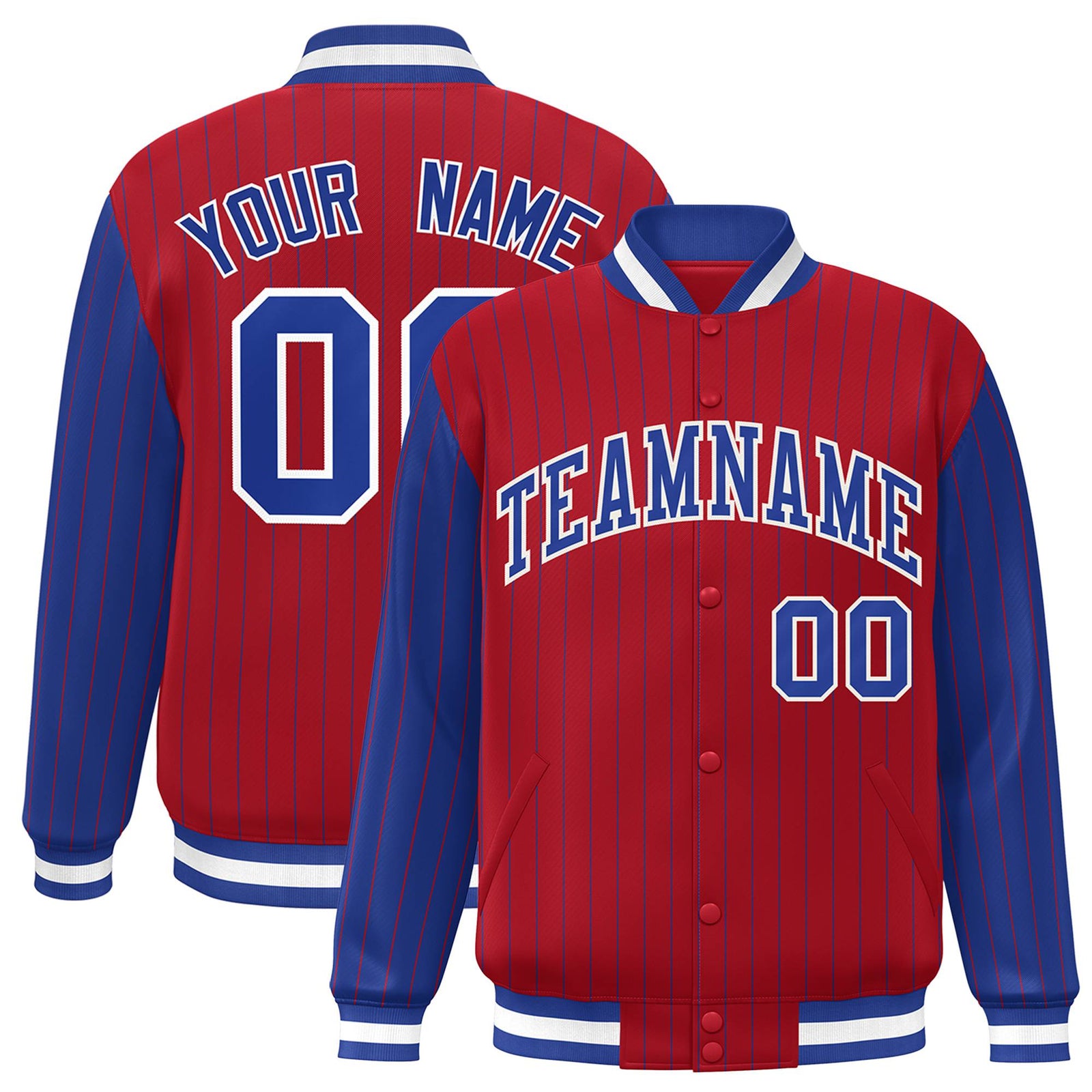 Custom Red Royal-Blue Pinstripe White Royal-Blue Bomber Full-Snap Varsity Letterman Jacket