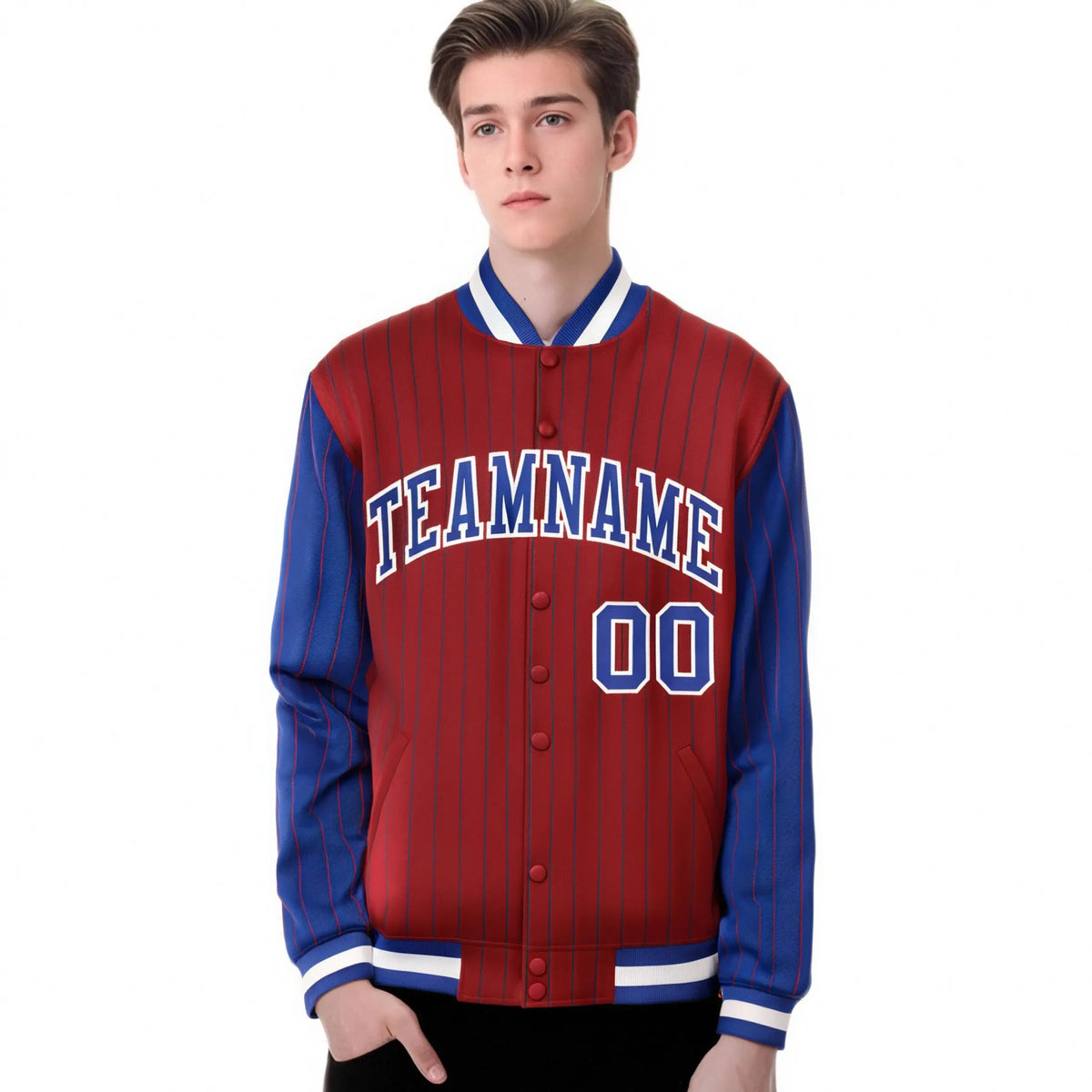 Custom Red Royal-Blue Pinstripe White Royal-Blue Bomber Full-Snap Varsity Letterman Jacket