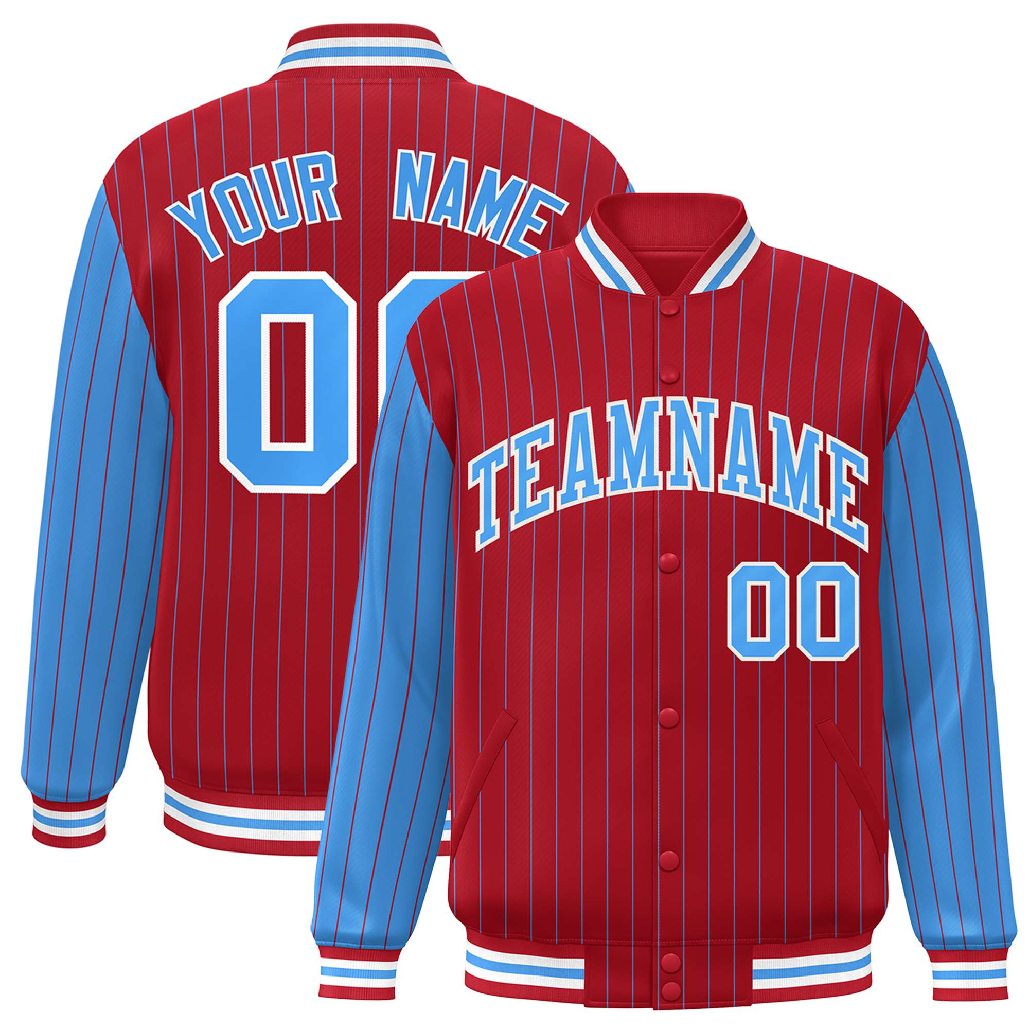 Custom Red Powder-Blue Pinstripe White Powder-Blue Bomber Full-Snap Varsity Letterman Jacket