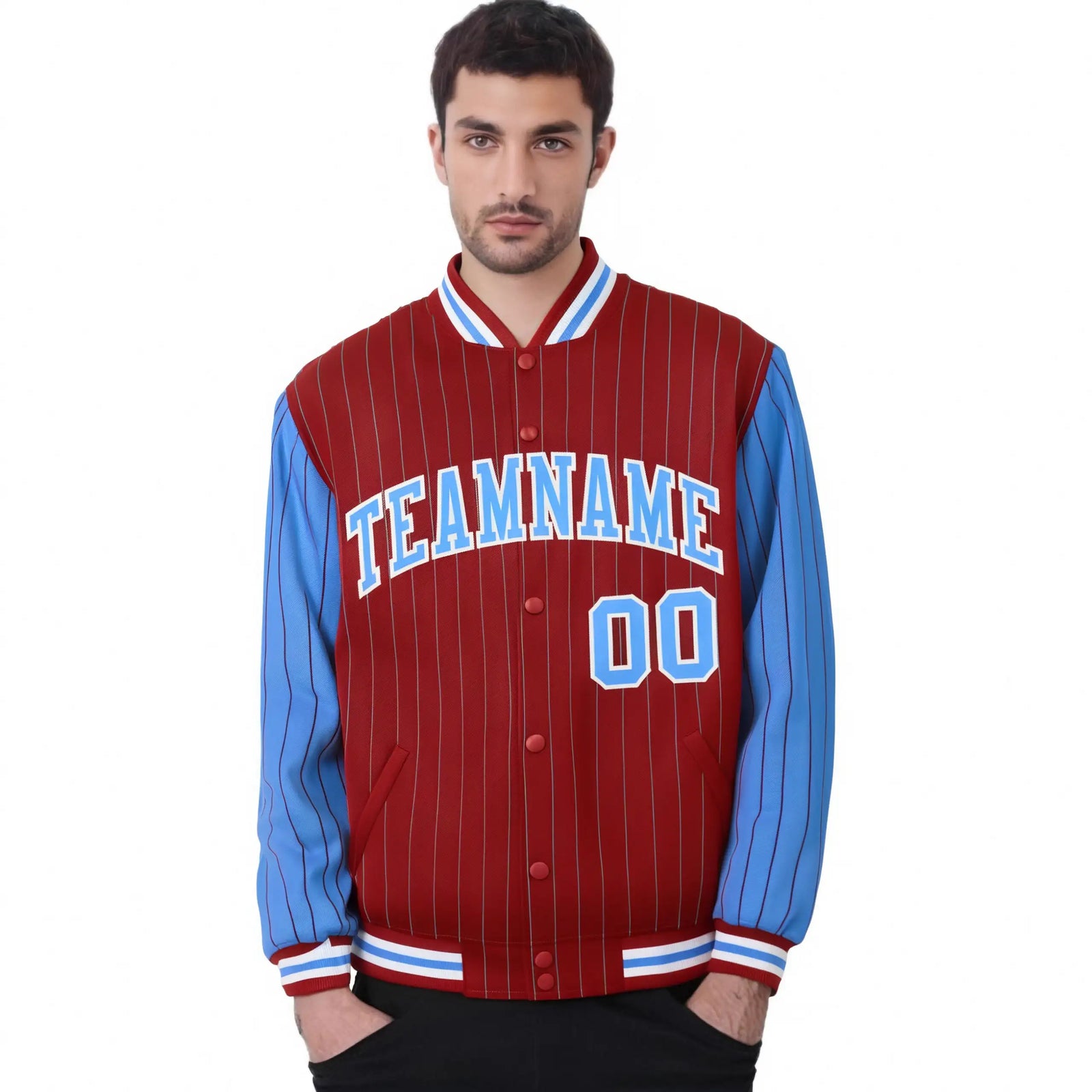 Custom Red Powder-Blue Pinstripe White Powder-Blue Bomber Full-Snap Varsity Letterman Jacket