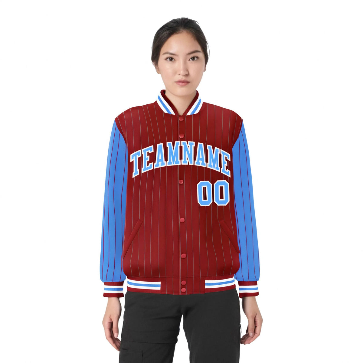 Custom Red Powder-Blue Pinstripe White Powder-Blue Bomber Full-Snap Varsity Letterman Jacket