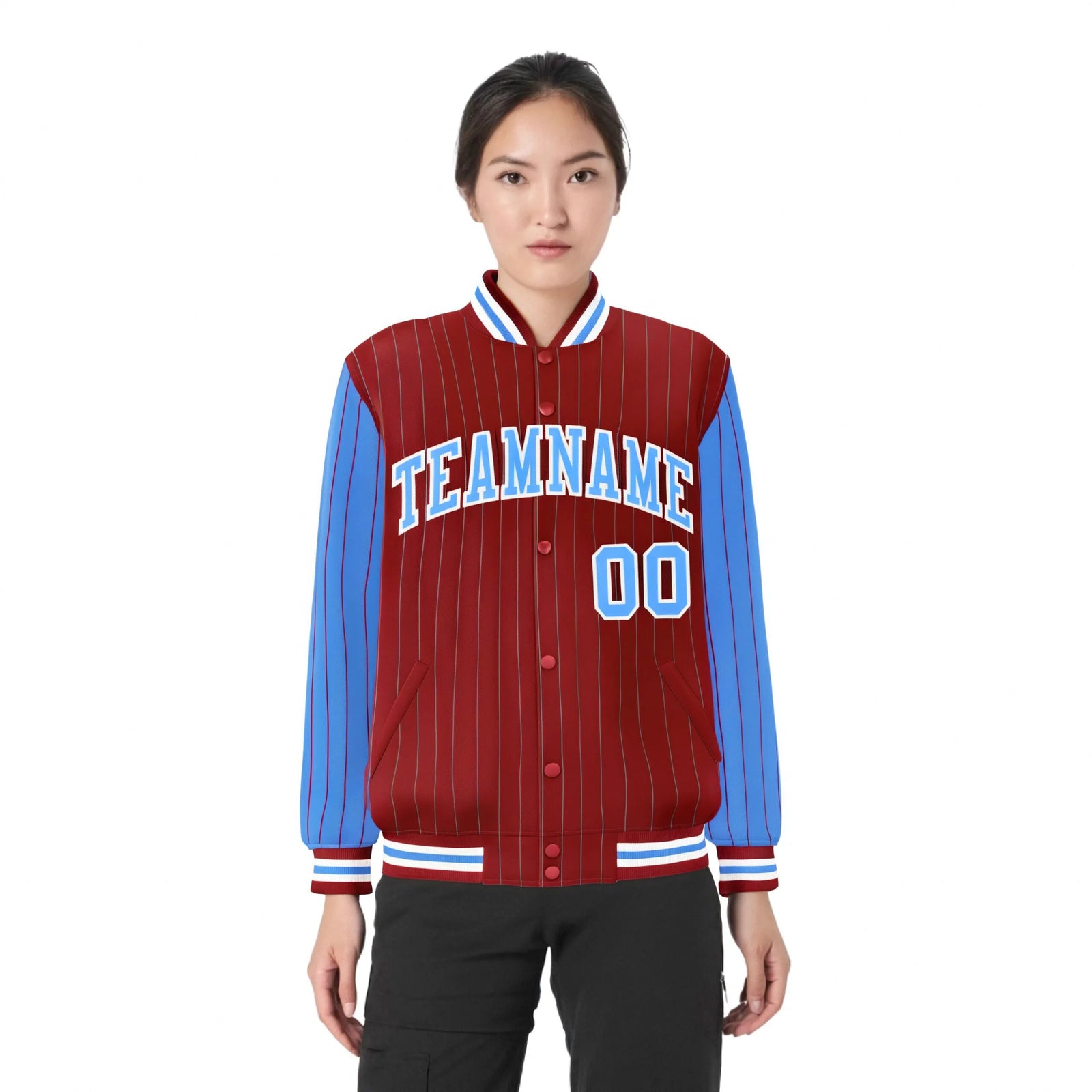 Custom Red Powder-Blue Pinstripe White Powder-Blue Bomber Full-Snap Varsity Letterman Jacket