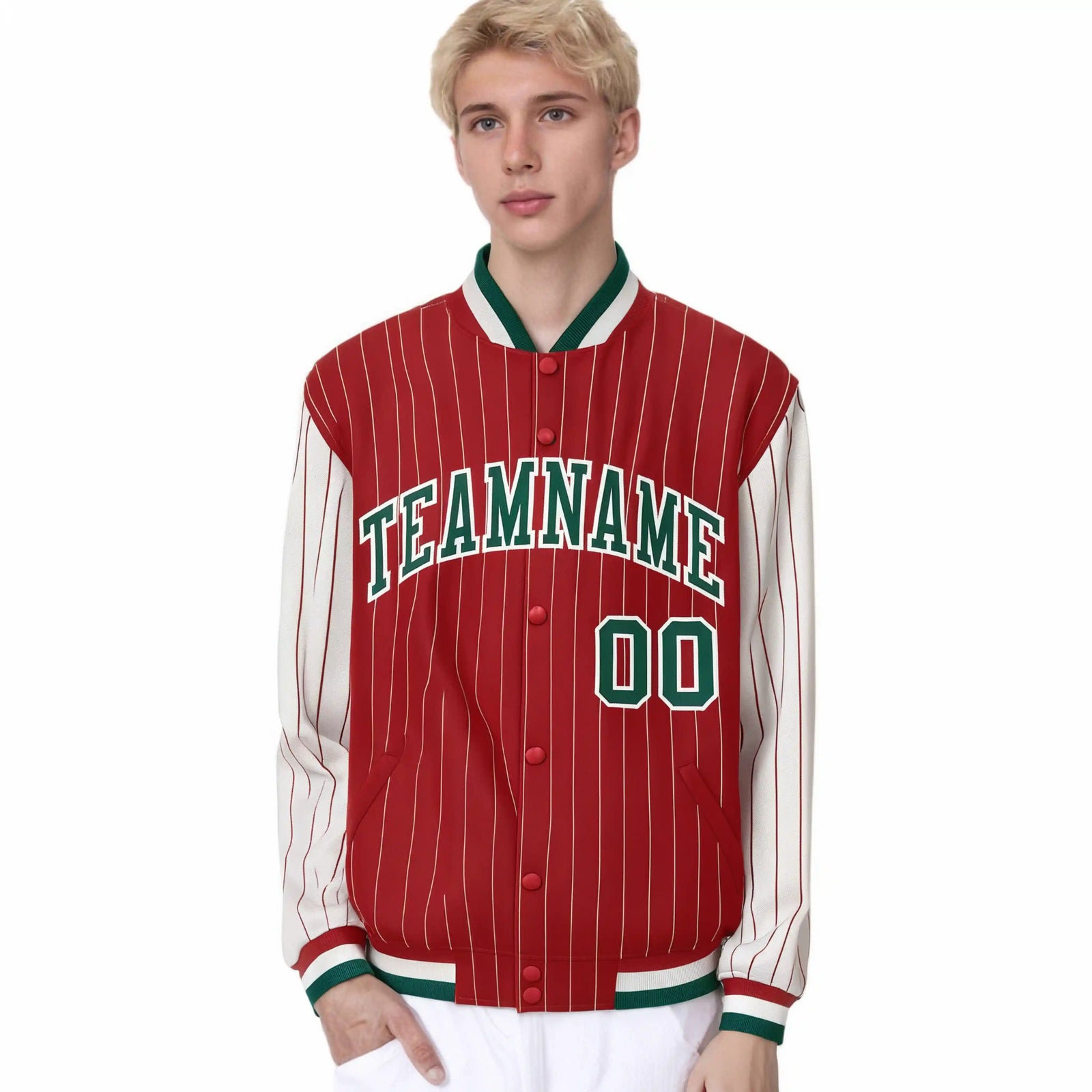 Custom Red Cream Pinstripe Cream-Green Bomber Full-Snap Varsity Letterman Jacket