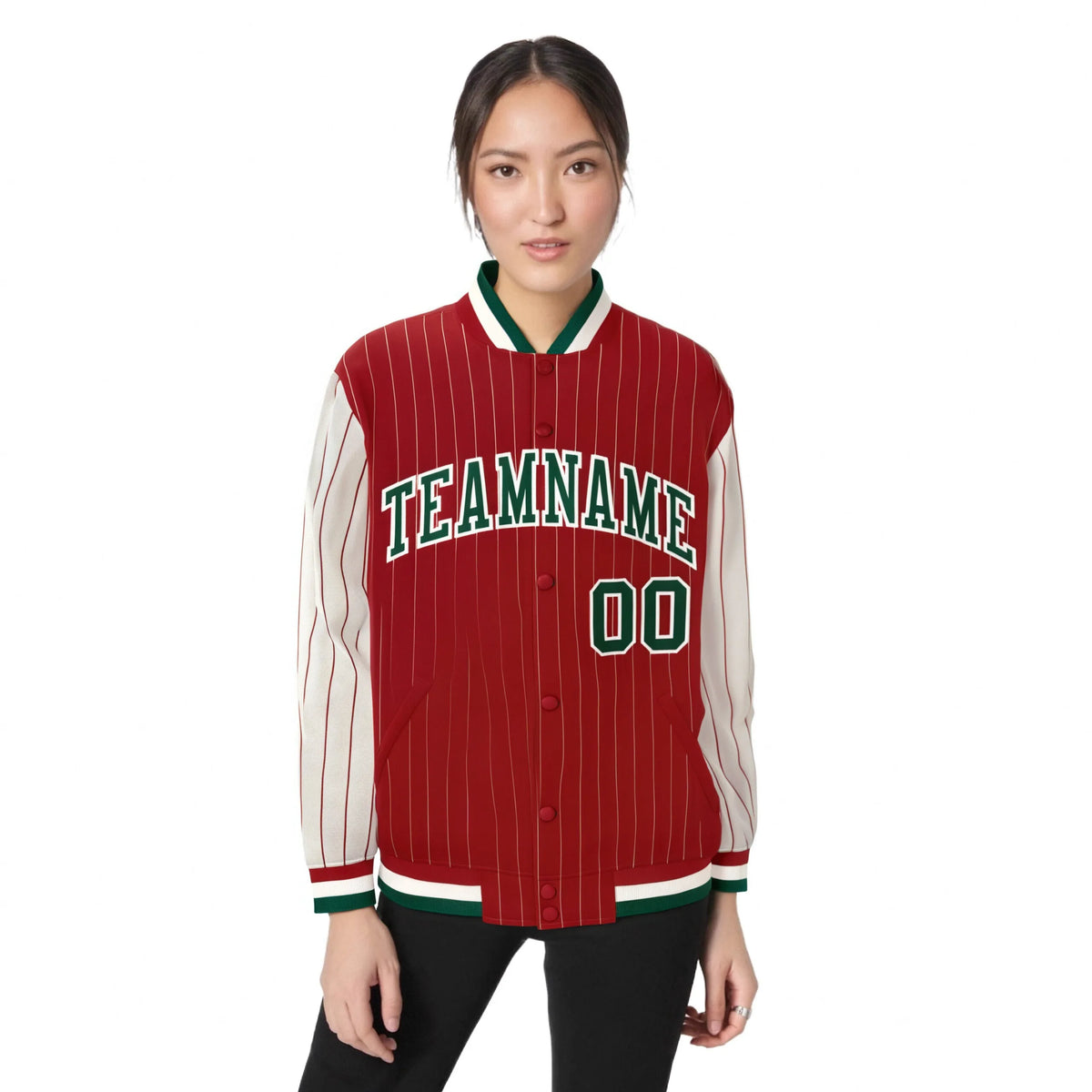 Custom Red Cream Pinstripe Cream-Green Bomber Full-Snap Varsity Letterman Jacket