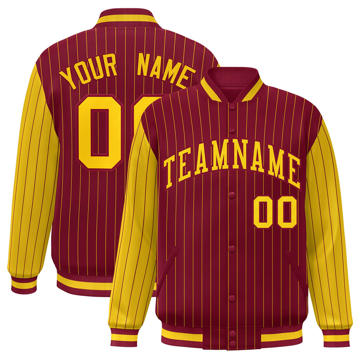 Custom Crimson Gold Pinstripe Gold Bomber Full-Snap Varsity Letterman Jacket