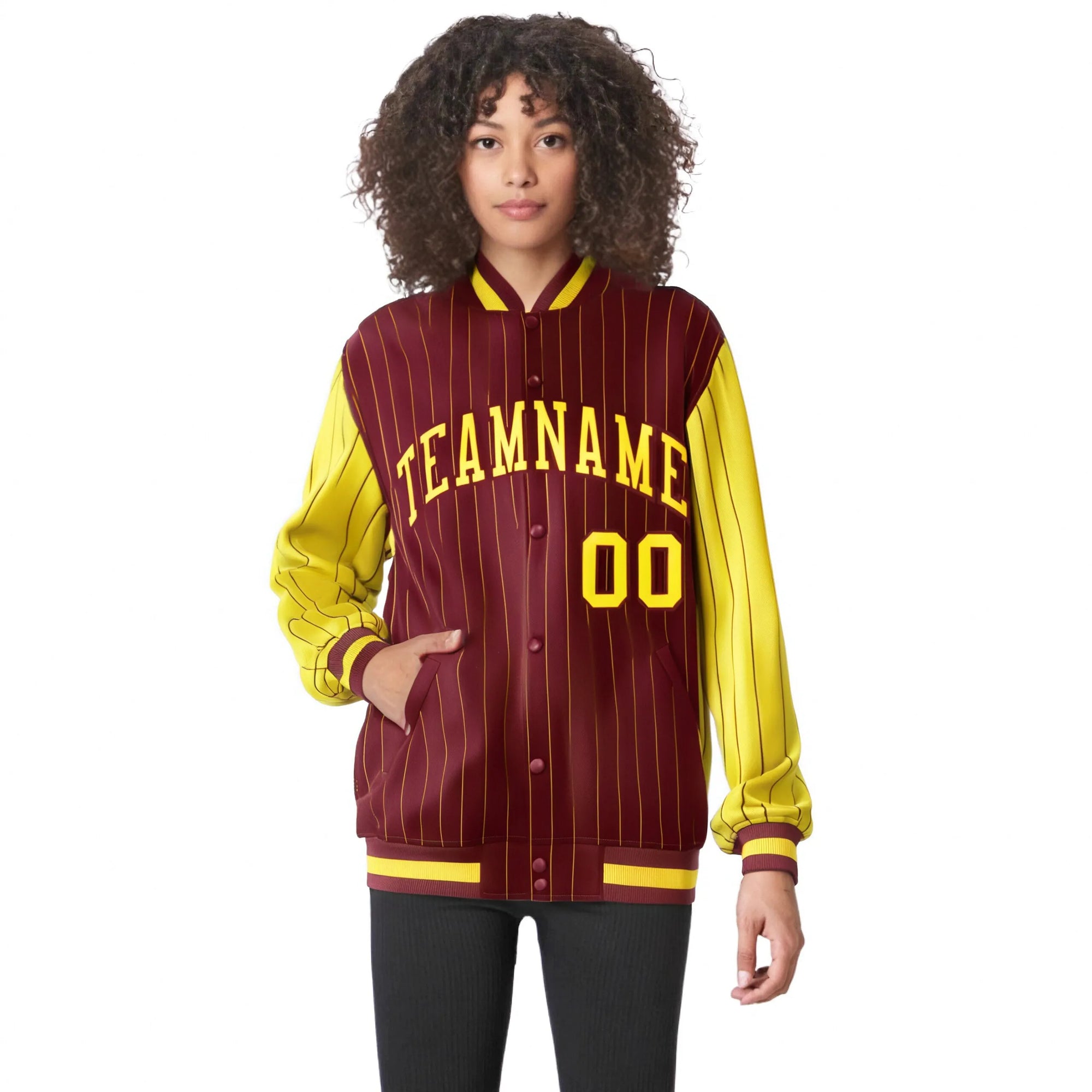 Custom Crimson Gold Pinstripe Gold Bomber Full-Snap Varsity Letterman Jacket