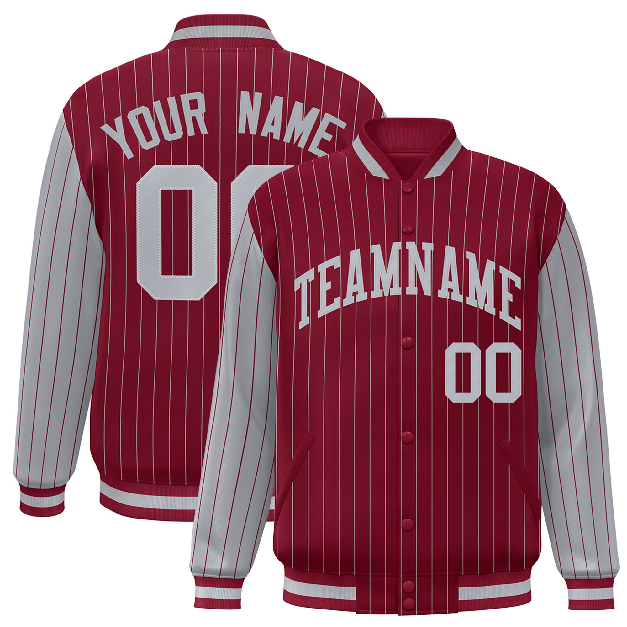 Custom Crimson Gray Pinstripe Gray Bomber Full-Snap Varsity Letterman Jacket