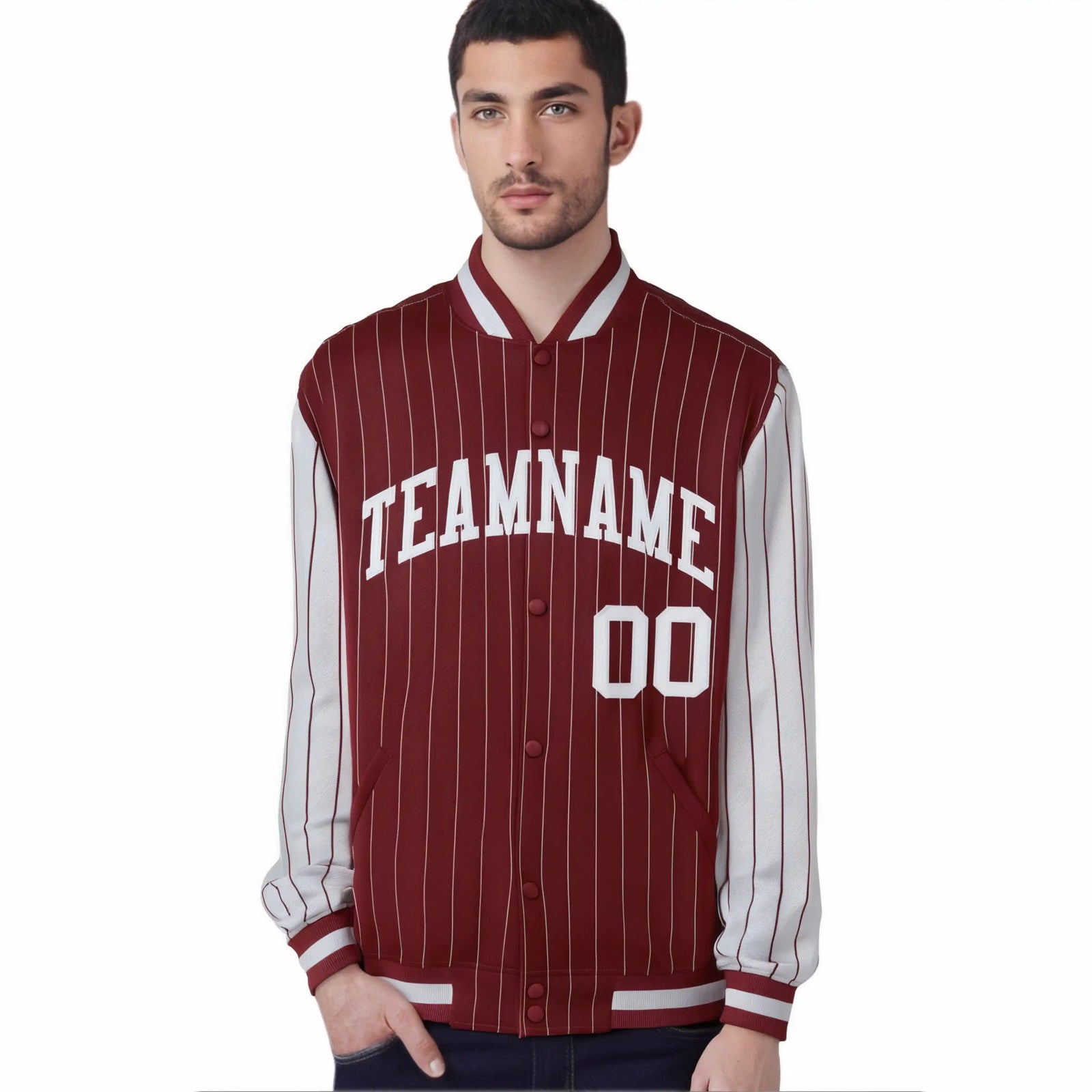 Custom Crimson Gray Pinstripe Gray Bomber Full-Snap Varsity Letterman Jacket