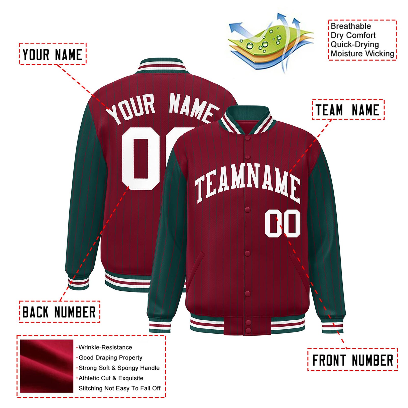 Custom Crimson-Green Pinstripe White Bomber Full-Snap Varsity Letterman Jacket