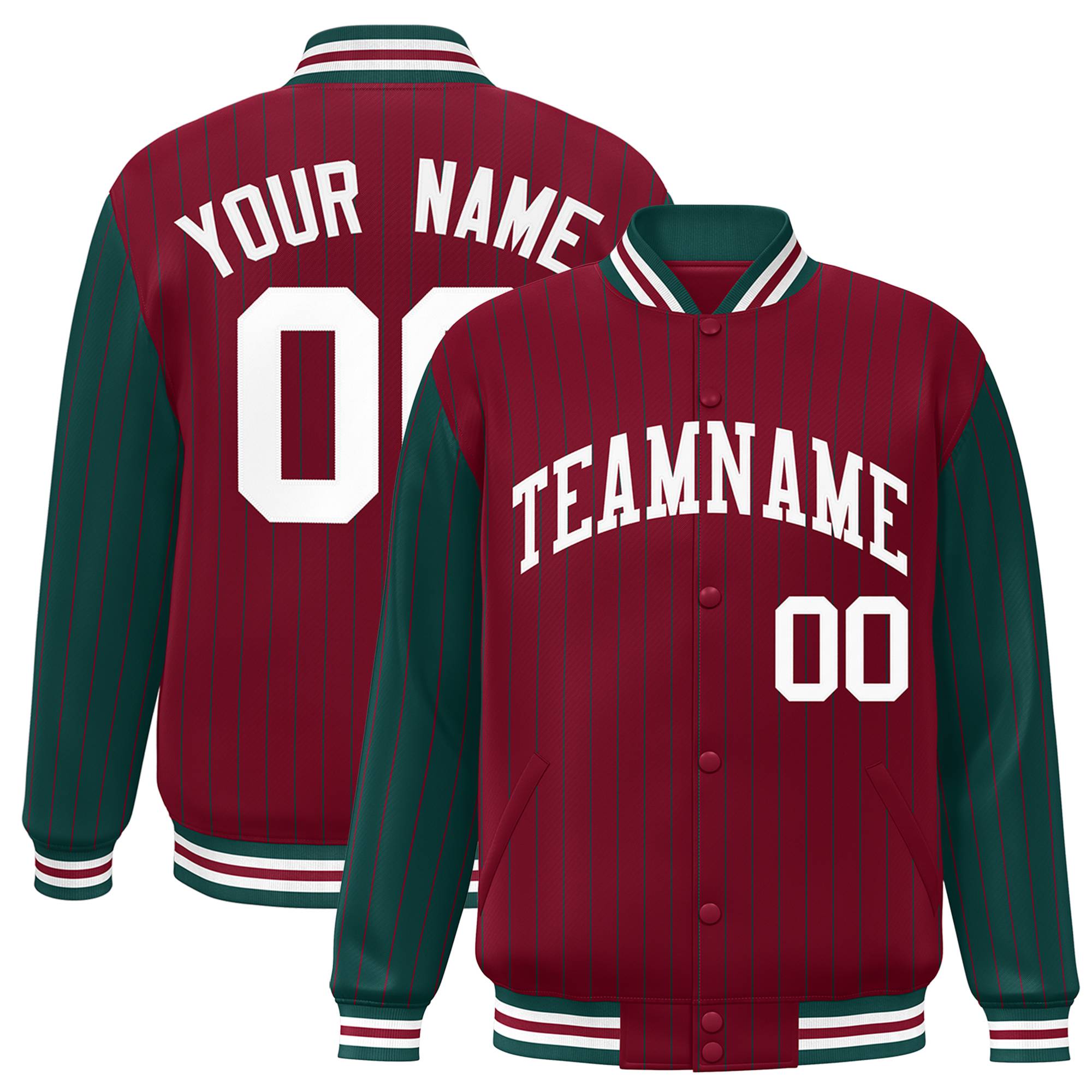 Custom Crimson-Green Pinstripe White Bomber Full-Snap Varsity Letterman Jacket