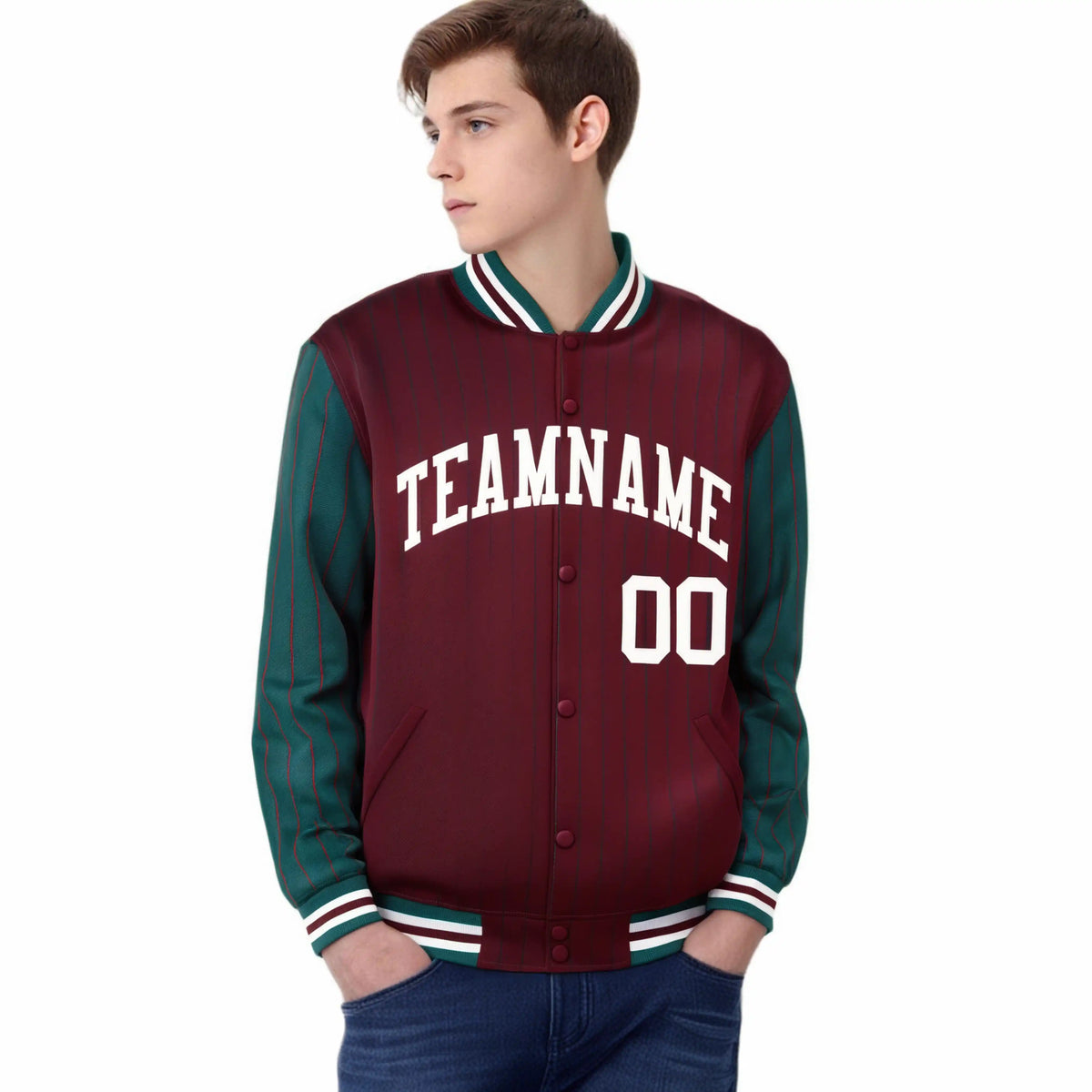 Custom Crimson-Green Pinstripe White Bomber Full-Snap Varsity Letterman Jacket
