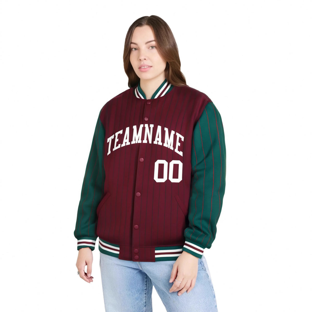 Custom Crimson-Green Pinstripe White Bomber Full-Snap Varsity Letterman Jacket