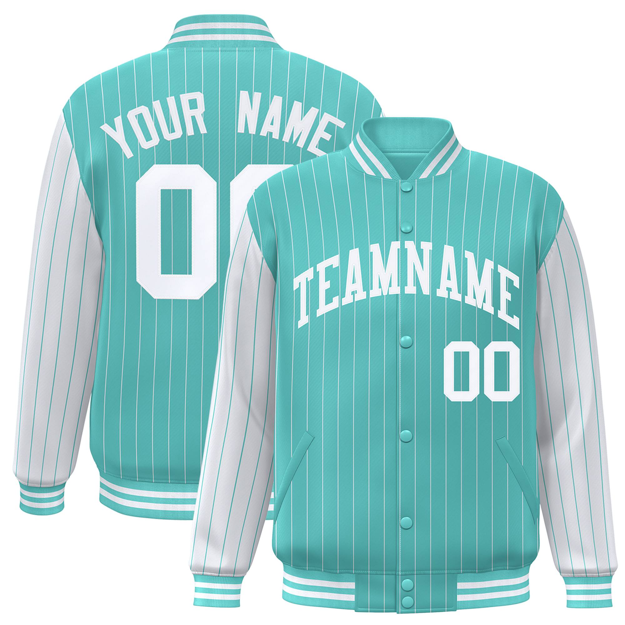 Custom Aqua White Pinstripe White-Aqua Bomber Full-Snap Varsity Letterman Jacket