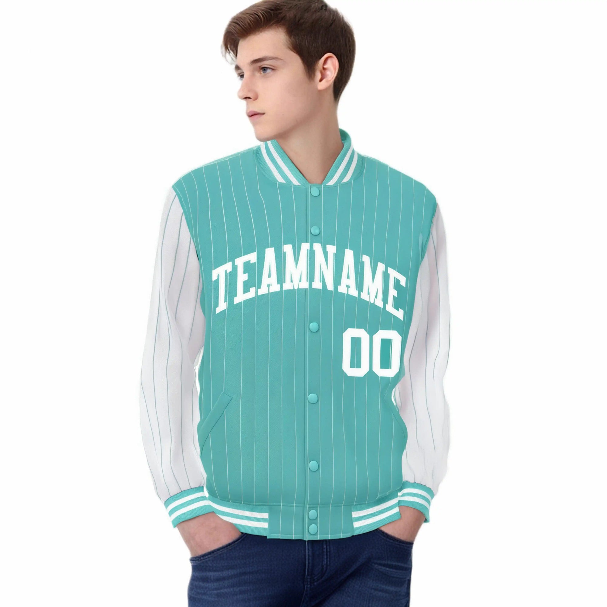 Custom Aqua White Pinstripe White-Aqua Bomber Full-Snap Varsity Letterman Jacket