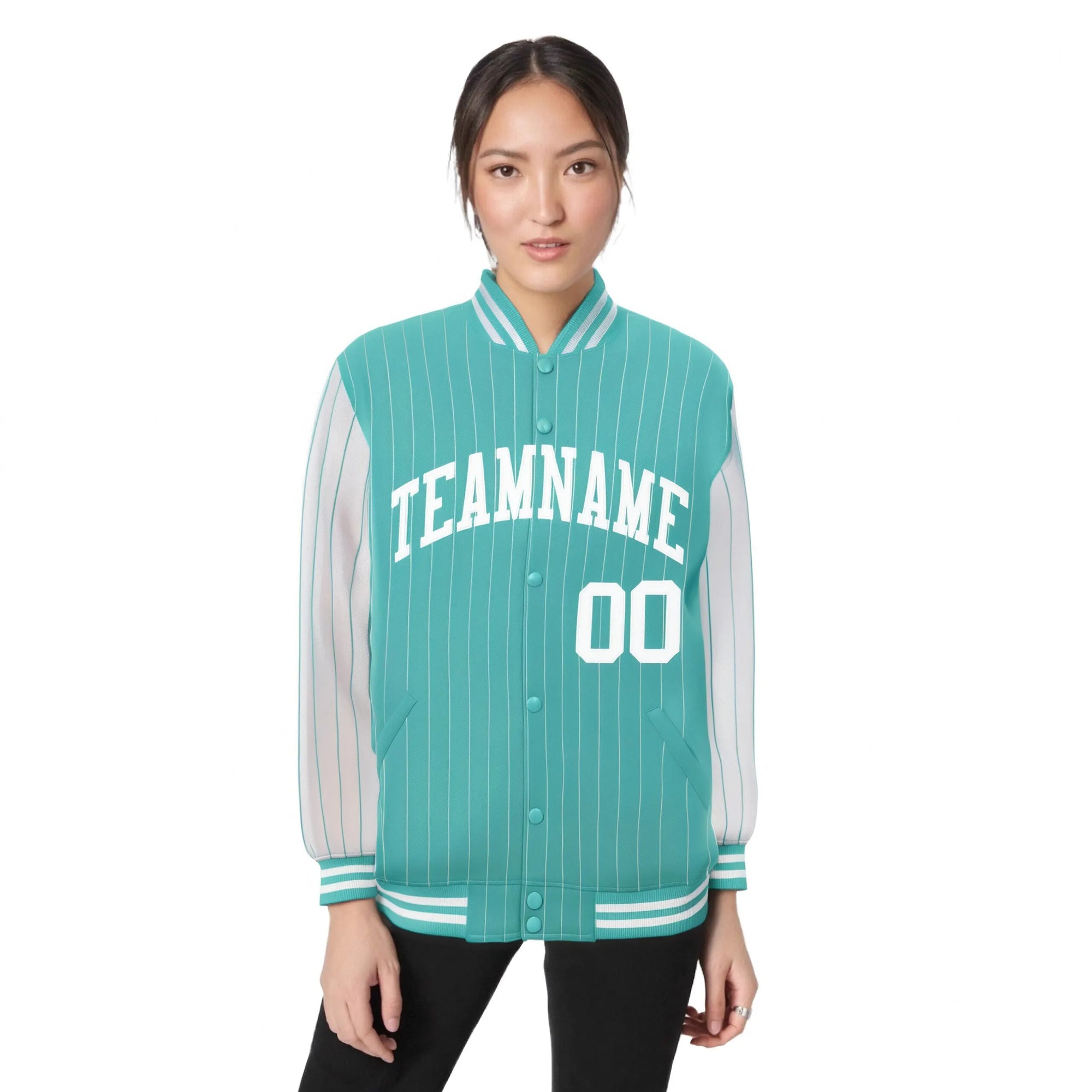 Custom Aqua White Pinstripe White-Aqua Bomber Full-Snap Varsity Letterman Jacket