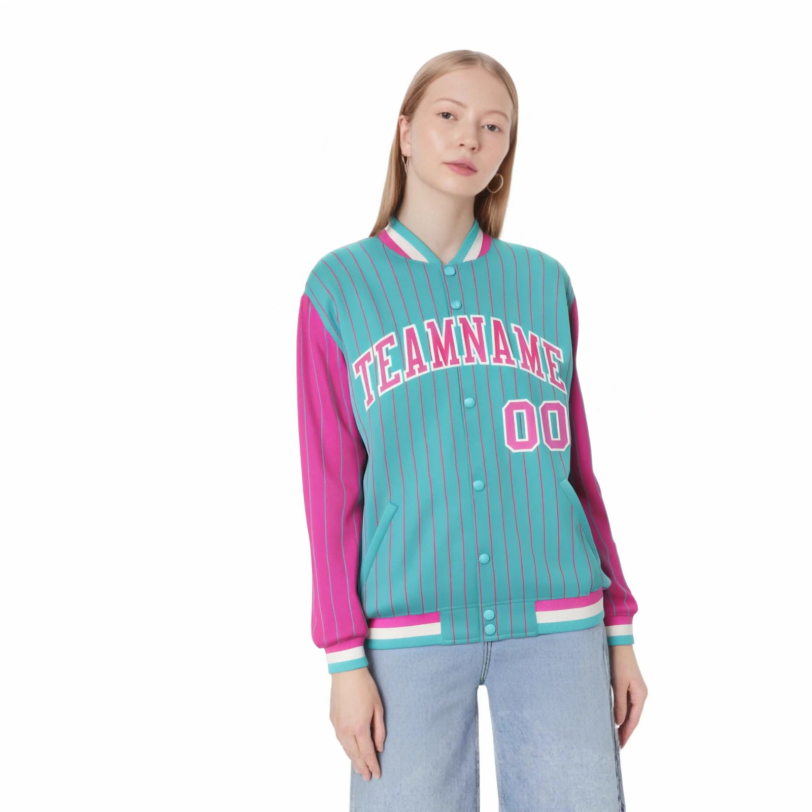 Custom Aqua Pink Pinstripe White-Pink Bomber Full-Snap Varsity Letterman Jacket