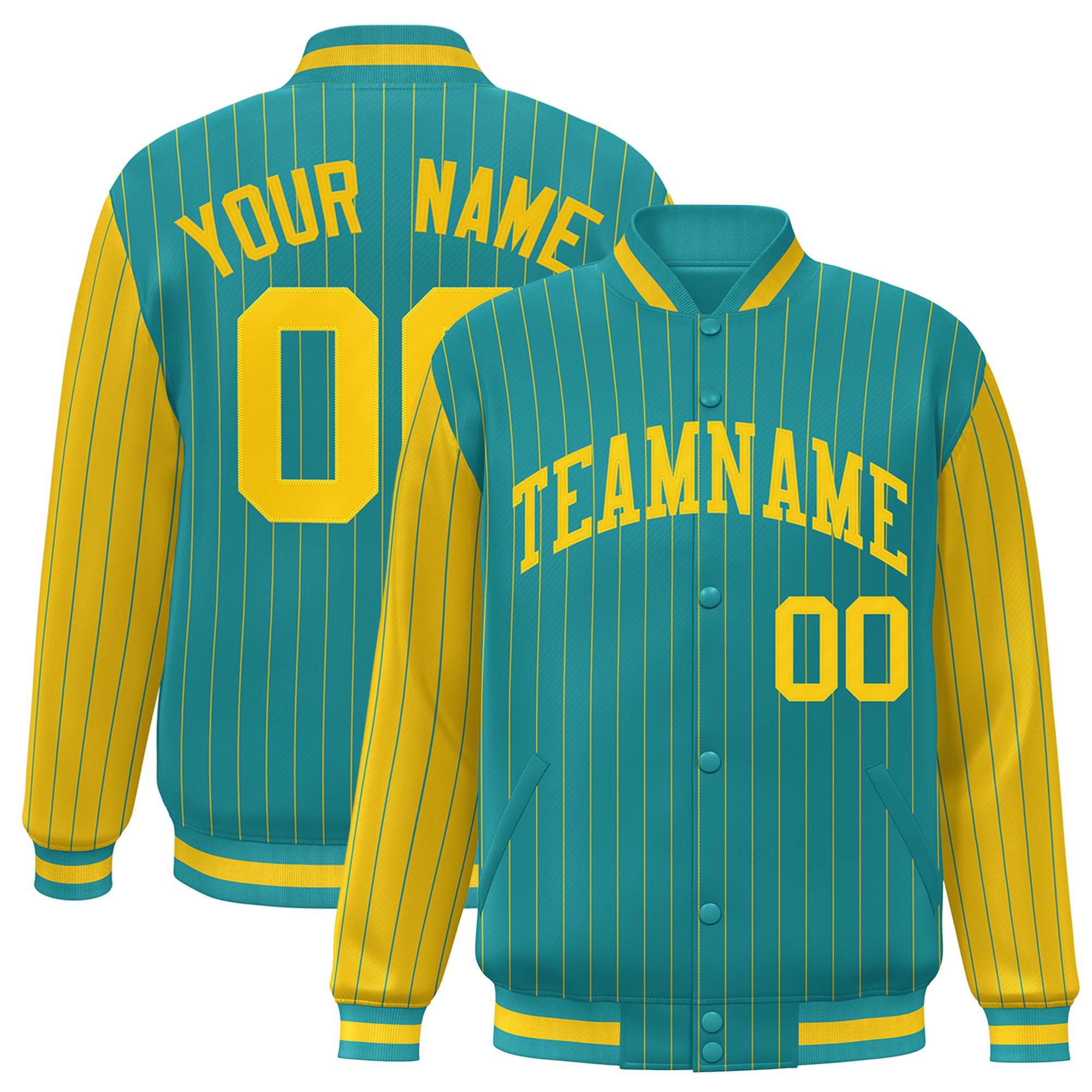 Custom Aqua Gold Pinstripe Gold Bomber Full-Snap Varsity Letterman Jacket