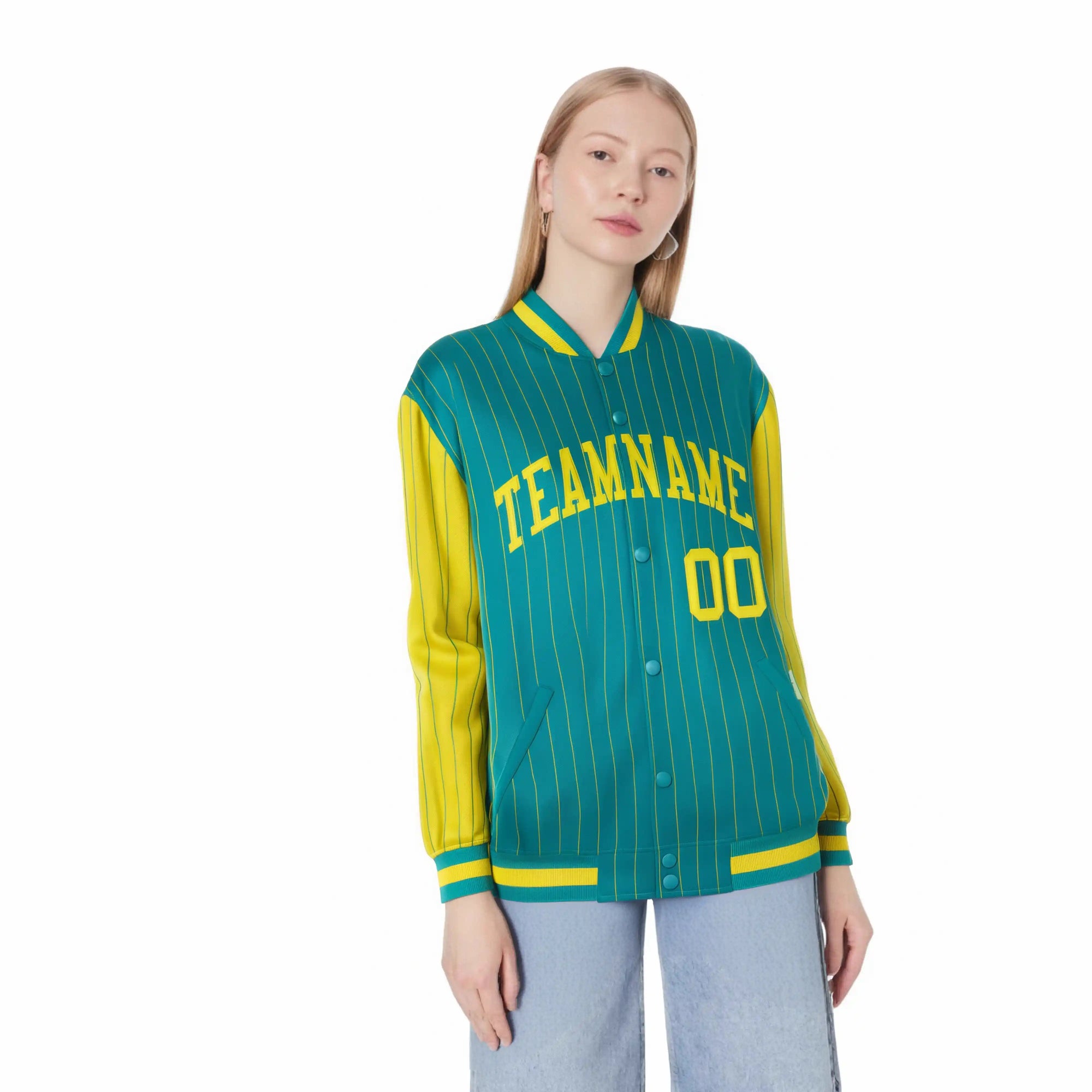 Custom Aqua Gold Pinstripe Gold Bomber Full-Snap Varsity Letterman Jacket