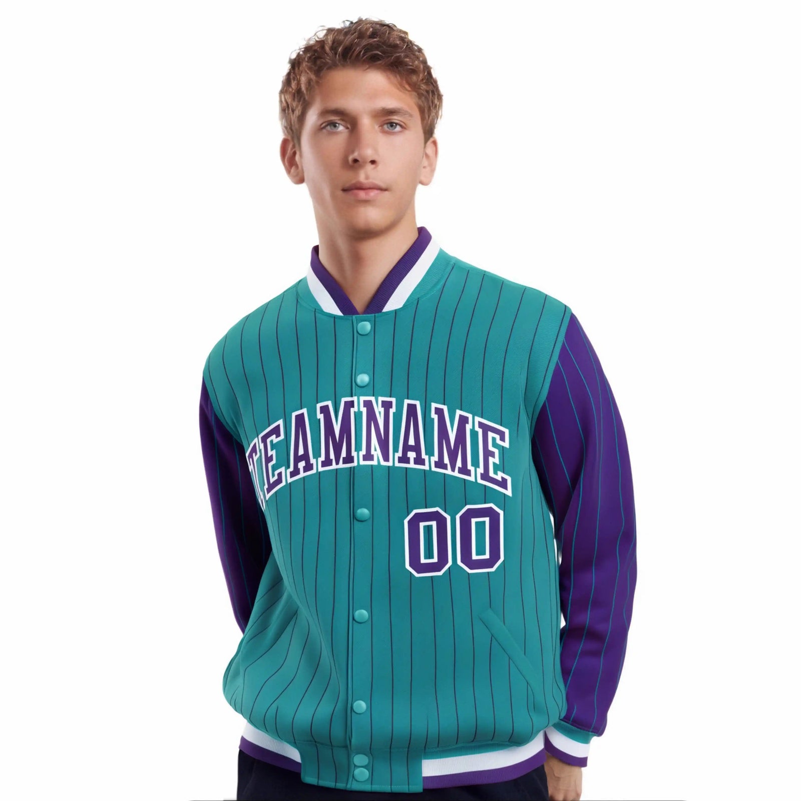 Custom Aqua Purple Pinstripe White-Purple Bomber Full-Snap Varsity Letterman Jacket