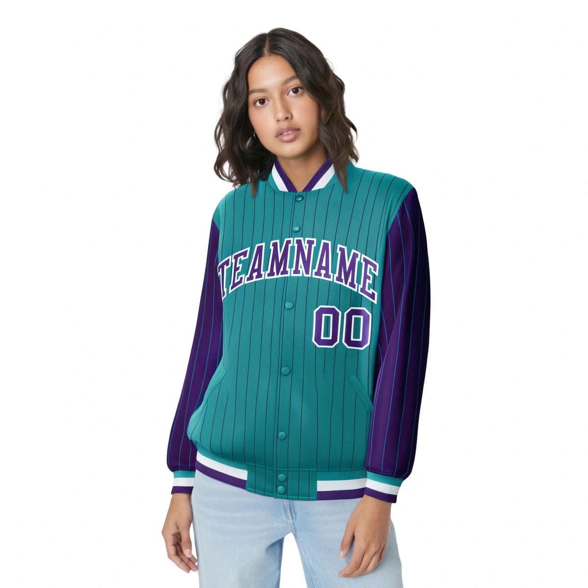 Custom Aqua Purple Pinstripe White-Purple Bomber Full-Snap Varsity Letterman Jacket