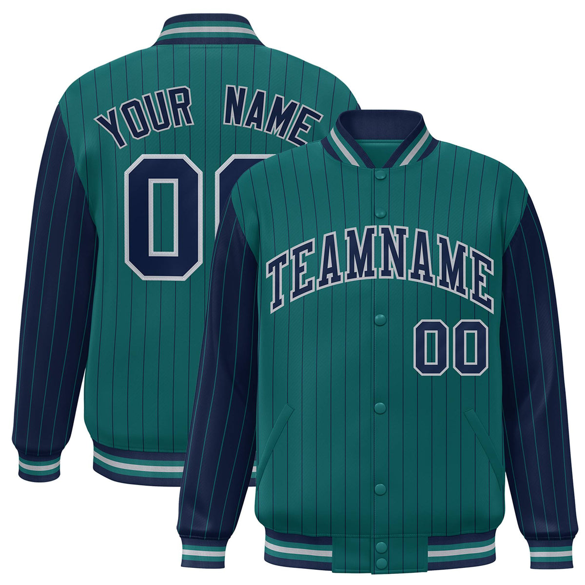 Custom Midnight Green Navy Pinstripe Gray-Navy Bomber Full-Snap Varsity Letterman Jacket