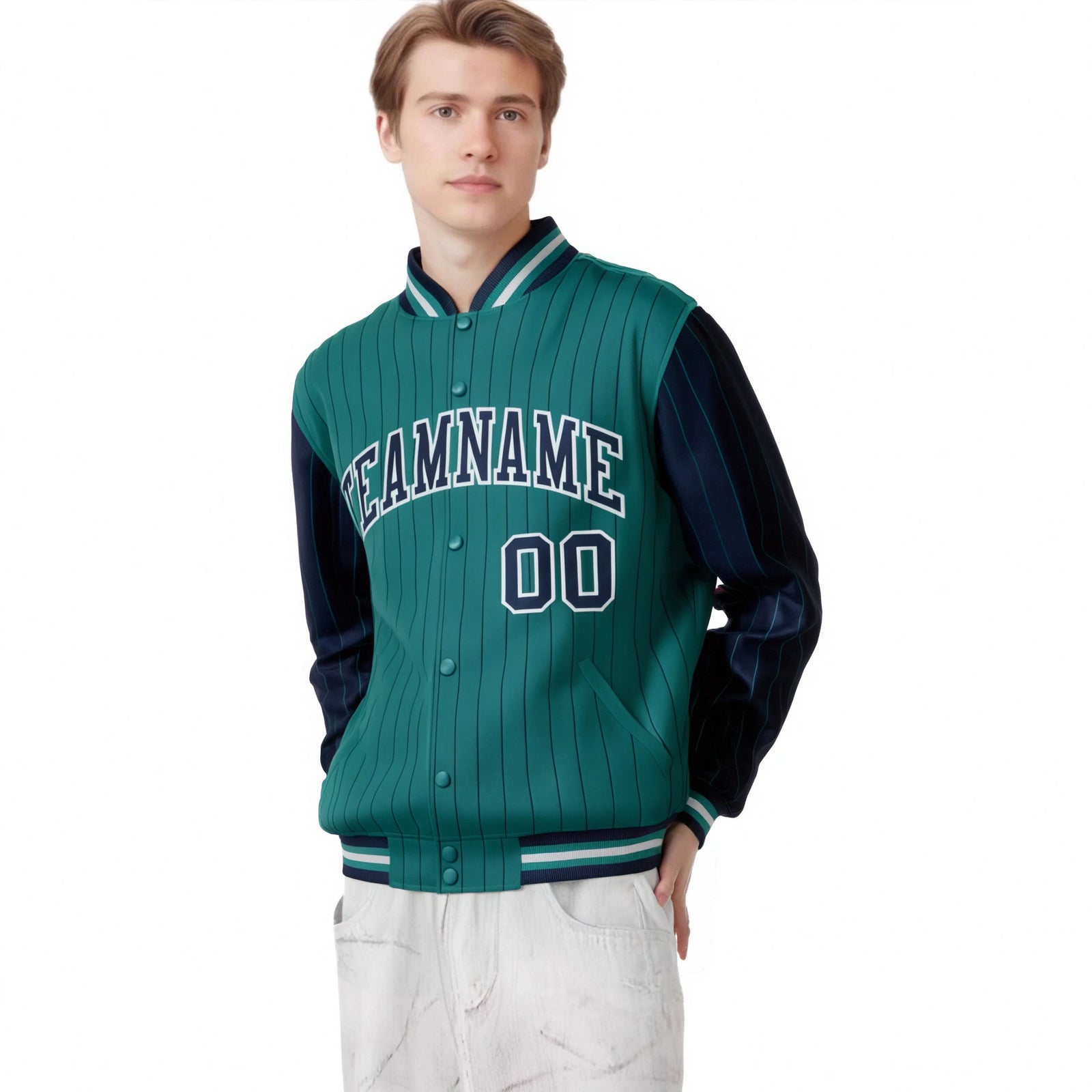 Custom Midnight Green Navy Pinstripe Gray-Navy Bomber Full-Snap Varsity Letterman Jacket