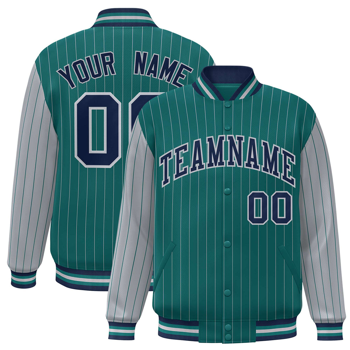 Custom Green Gray Pinstripe Gray-Navy Bomber Full-Snap Varsity Letterman Jacket