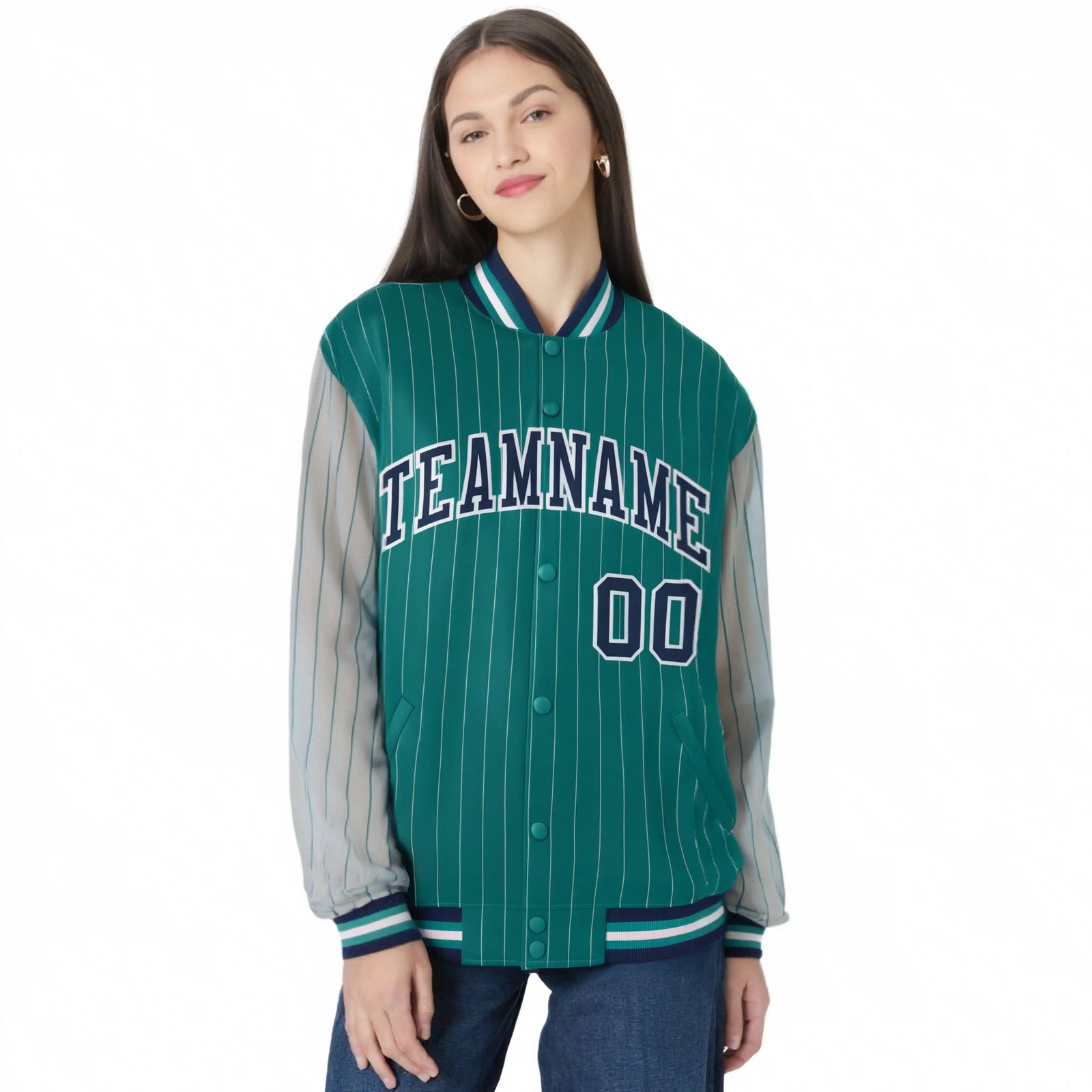 Custom Green Gray Pinstripe Gray-Navy Bomber Full-Snap Varsity Letterman Jacket