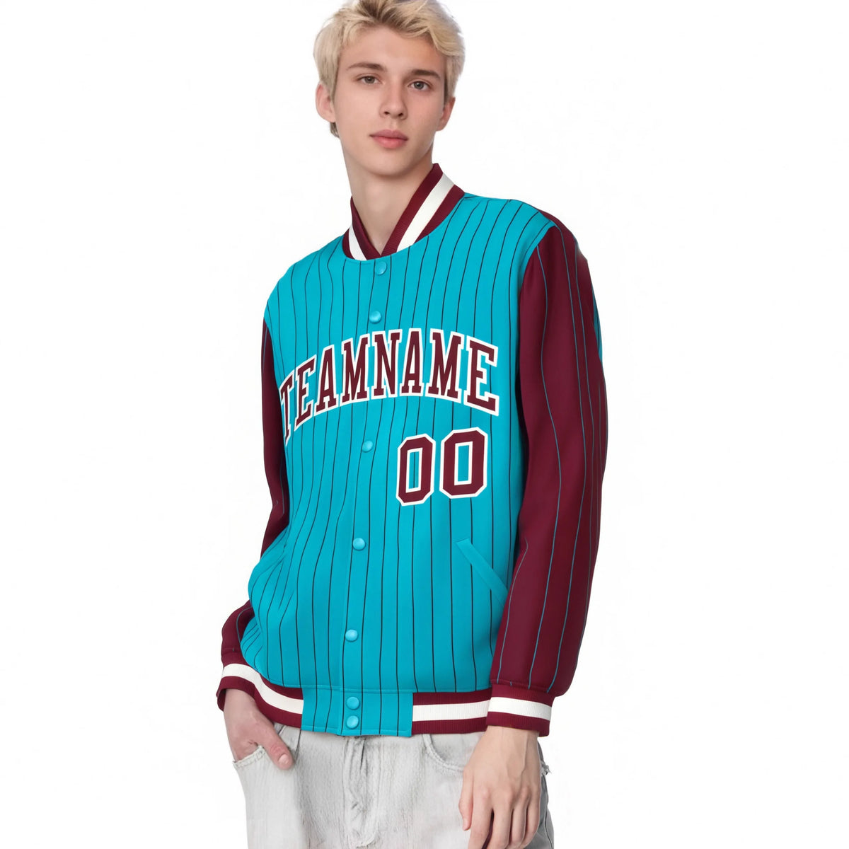 Custom Aqua Crimson Pinstripe White-Crimson Bomber Full-Snap Varsity Letterman Jacket