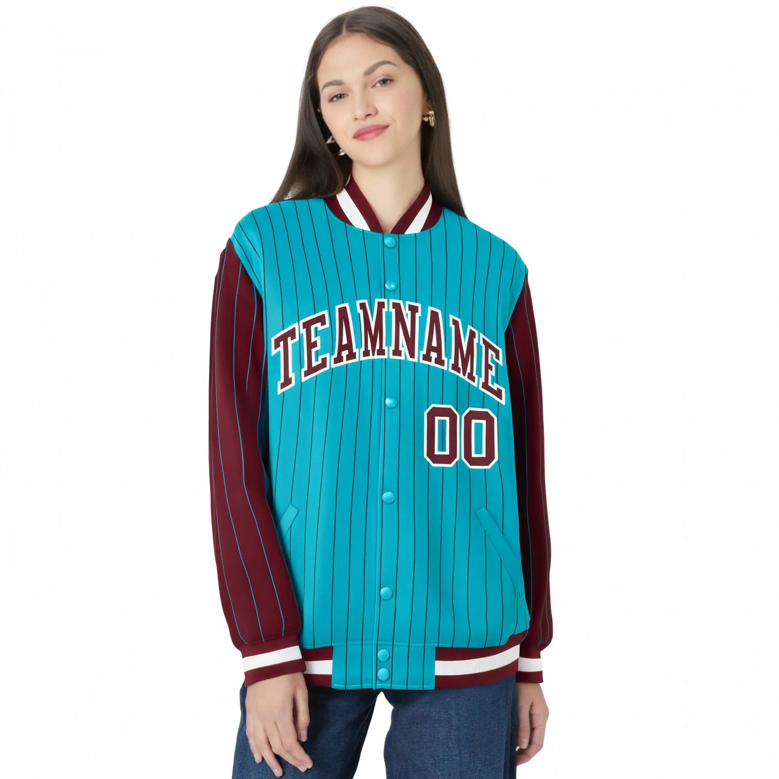 Custom Aqua Crimson Pinstripe White-Crimson Bomber Full-Snap Varsity Letterman Jacket