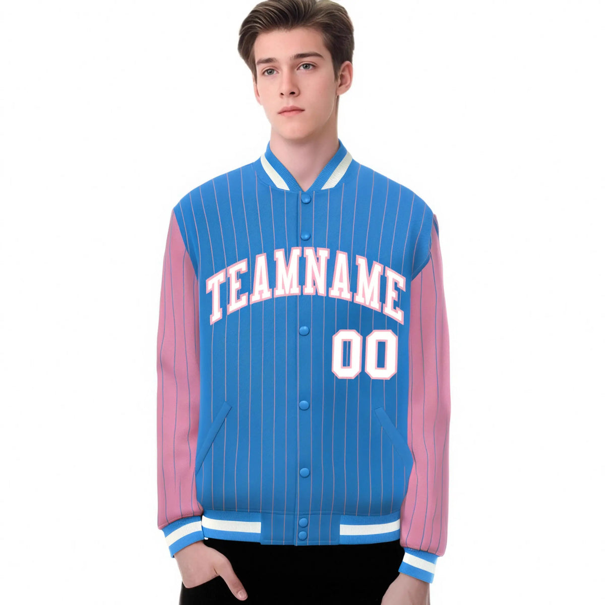 Custom Light Blue Light-Pink Pinstripe White Light-Pink Bomber Full-Snap Varsity Letterman Jacket