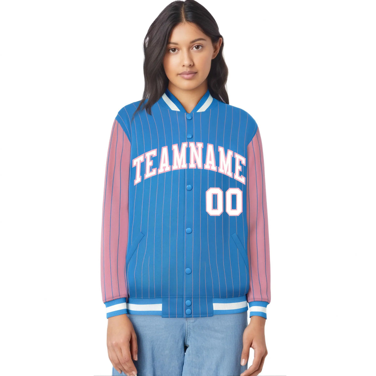 Custom Light Blue Light-Pink Pinstripe White Light-Pink Bomber Full-Snap Varsity Letterman Jacket